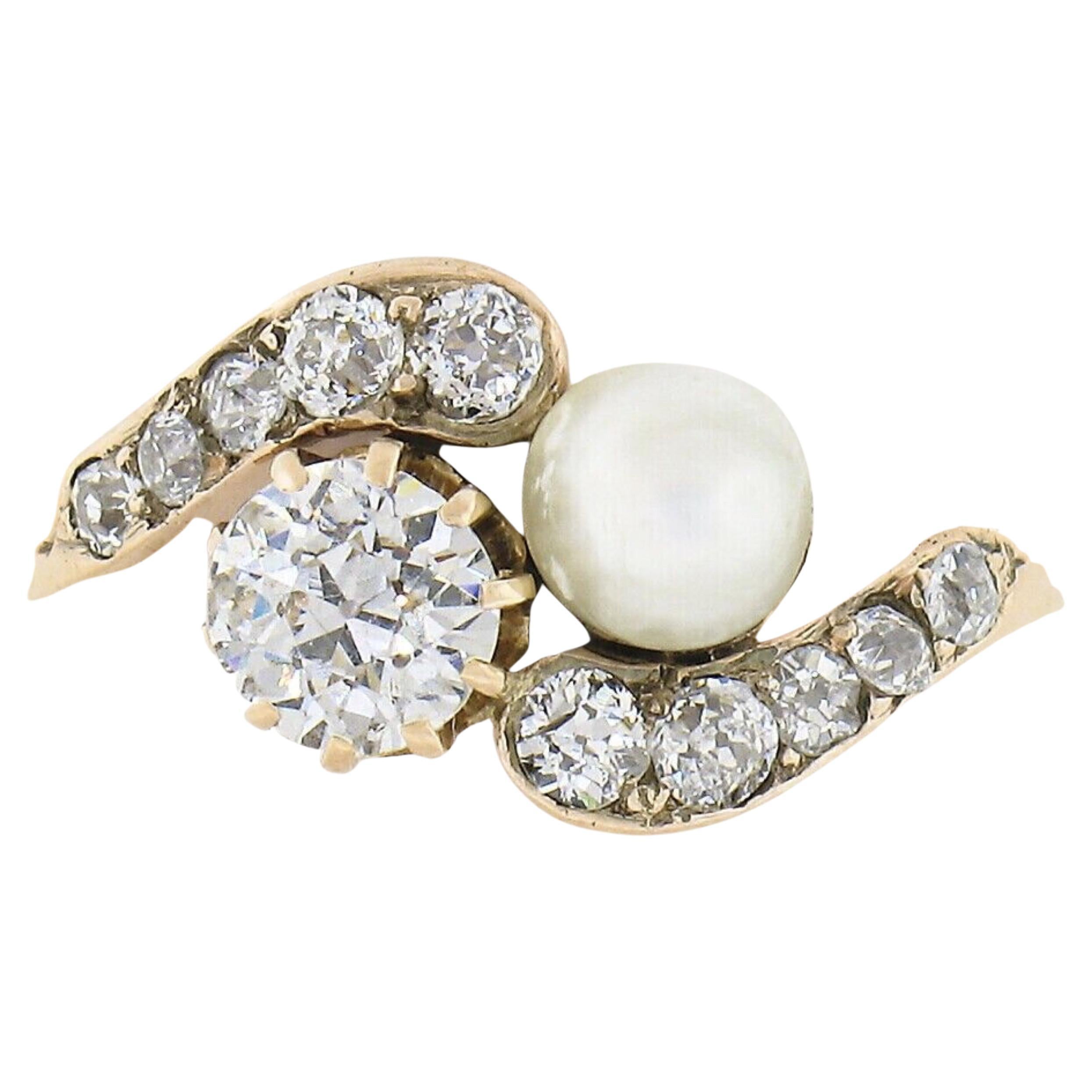 Antique Victorian 14k Gold 0.77ctw European Diamond 
Cultured Pearl Bypass Ring