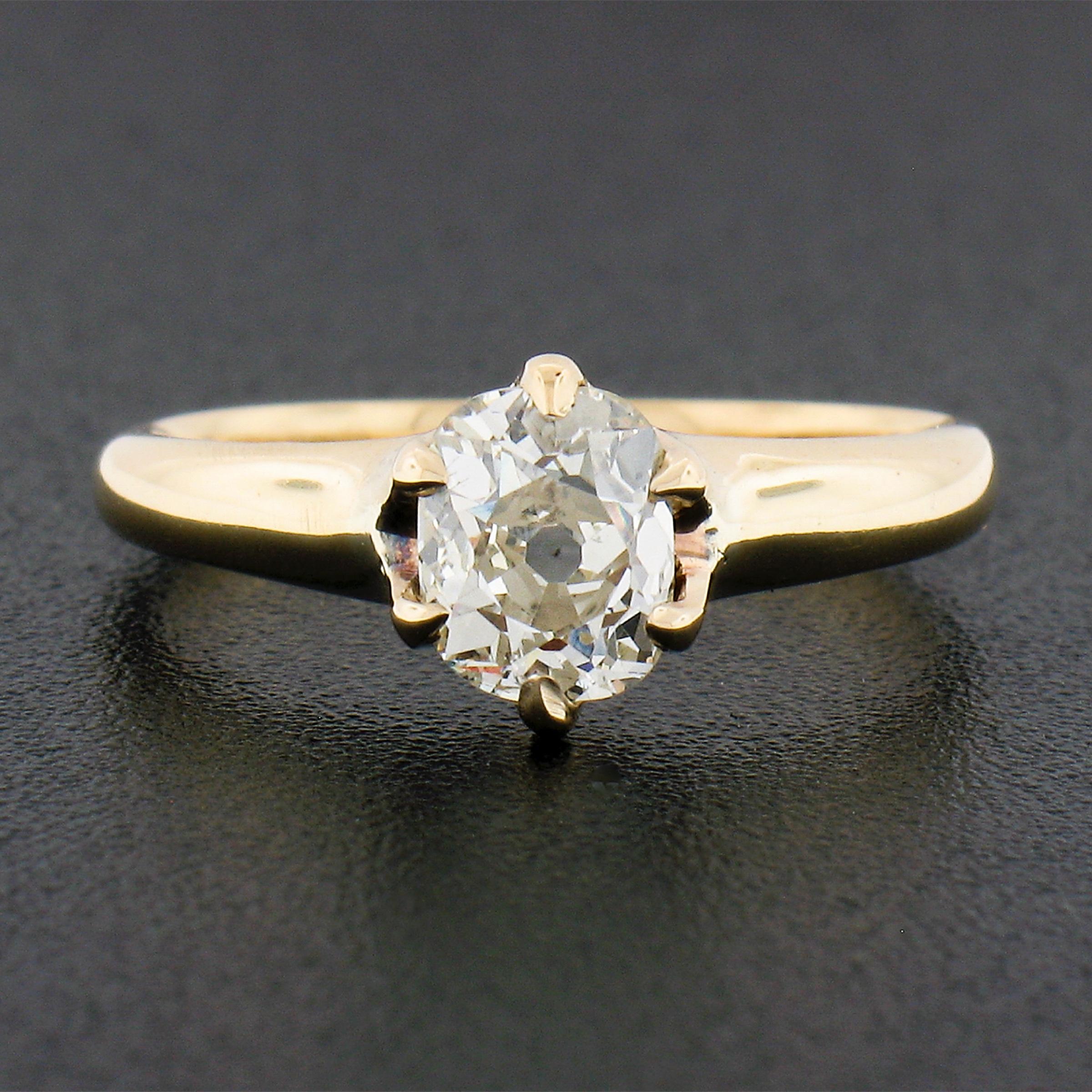Old Mine Cut Antique Victorian 14k Gold 0.82ct Old Cushion Diamond Solitaire Engagement Ring For Sale
