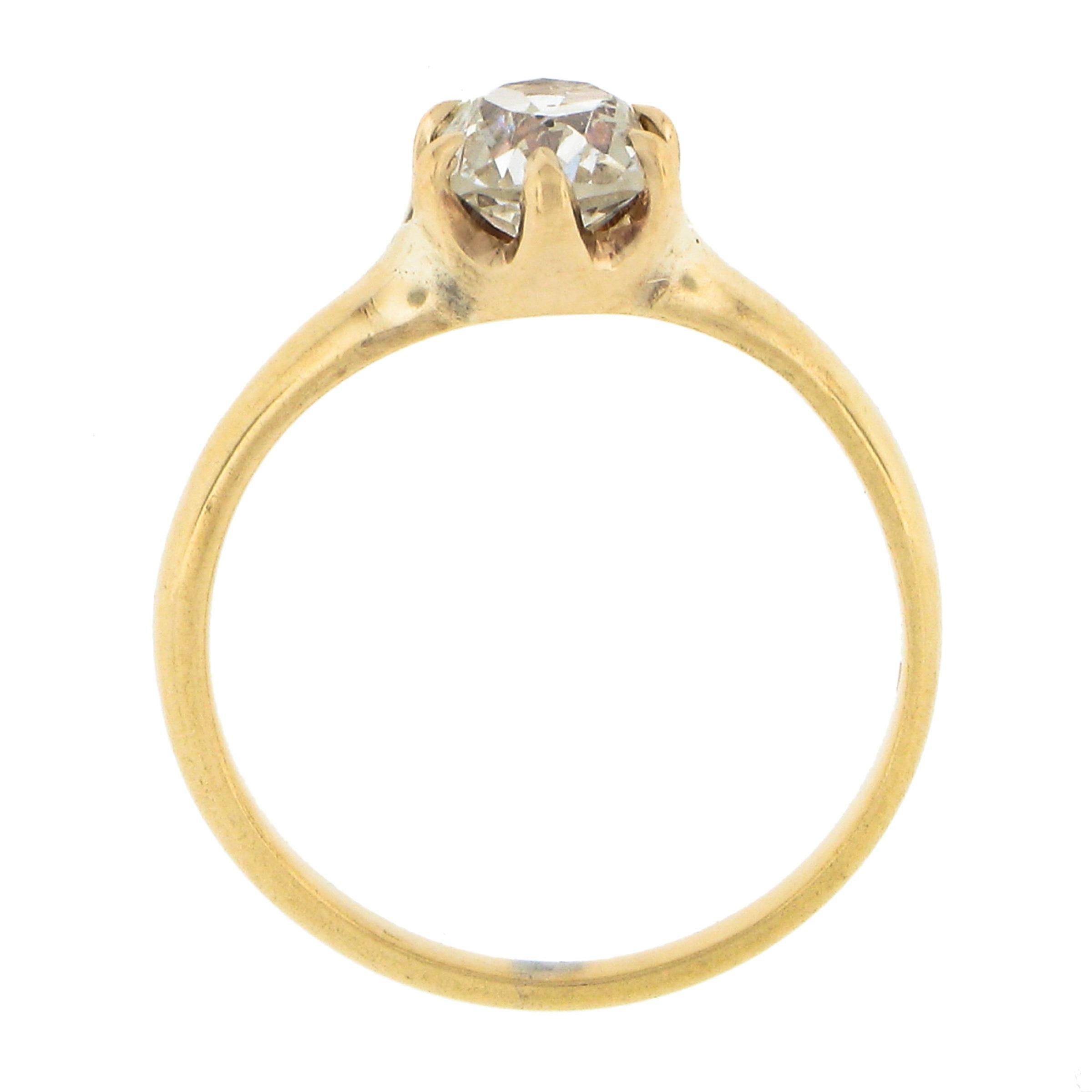 Antique Victorian 14k Gold 0.82ct Old Cushion Diamond Solitaire Engagement Ring For Sale 3