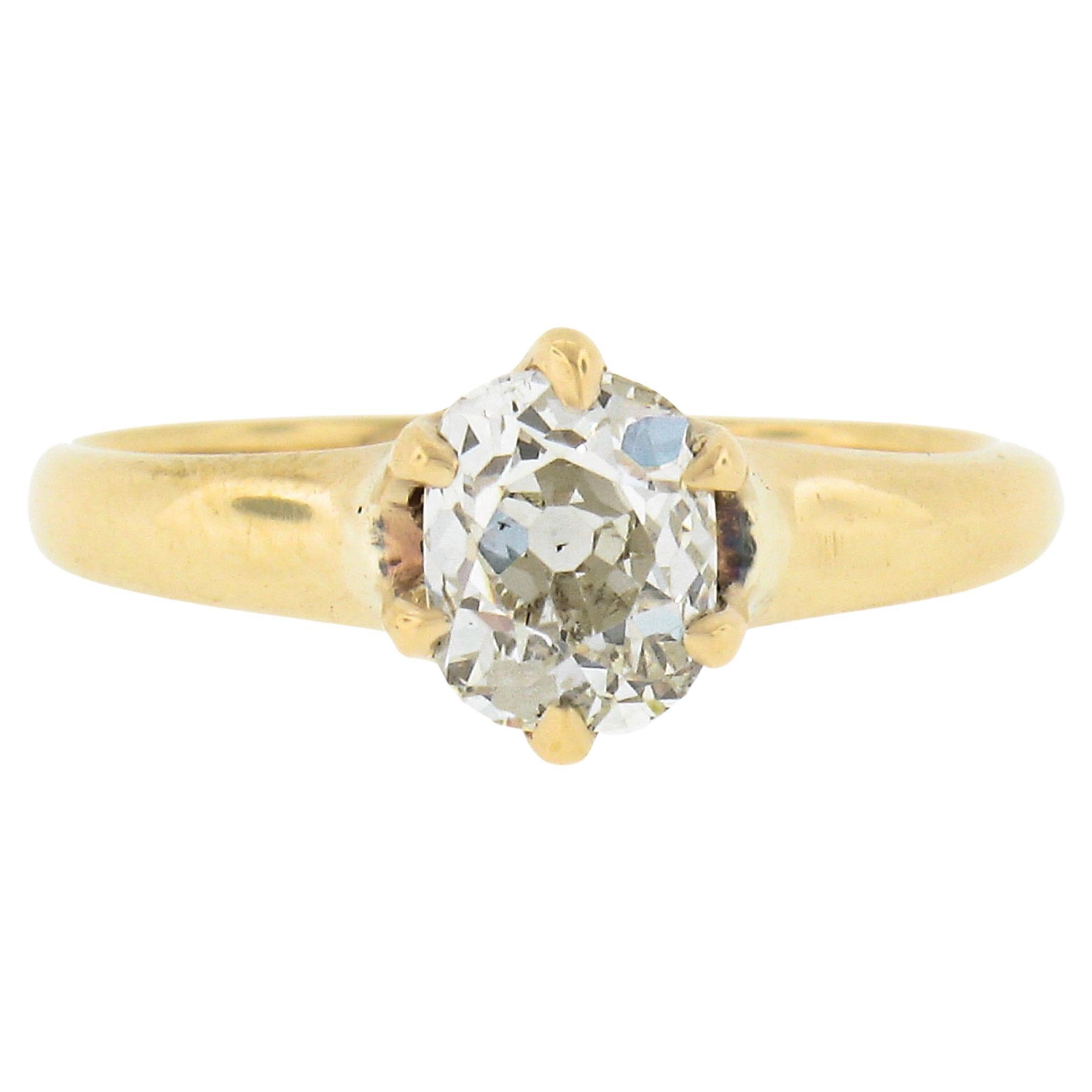 Antique Victorian 14k Gold 0.82ct Old Cushion Diamond Solitaire Engagement Ring For Sale
