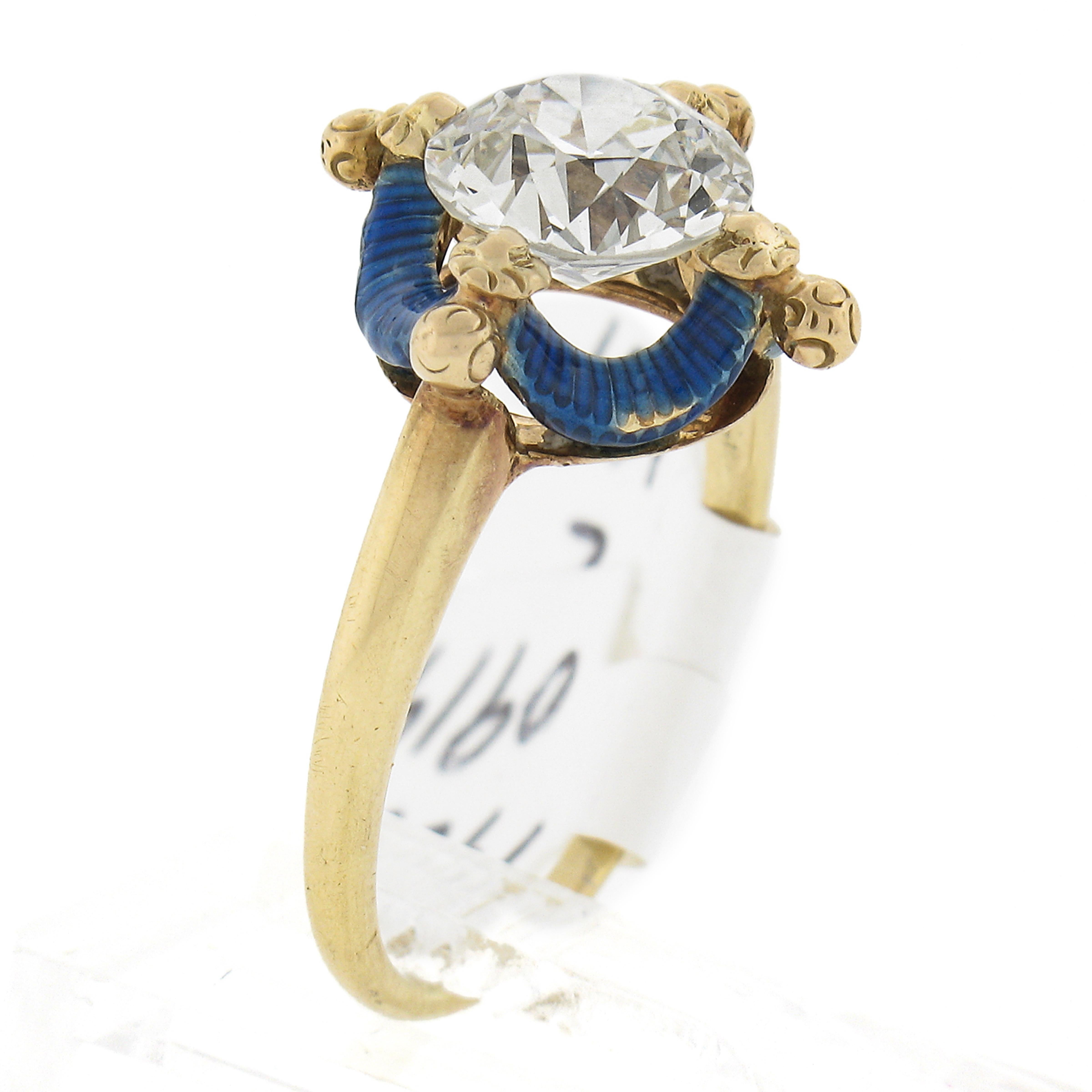 Ancienne bague de fiançailles victorienne en or 14 carats avec halo de diamants bleus 1,64 carat certifiés GIA en vente 4