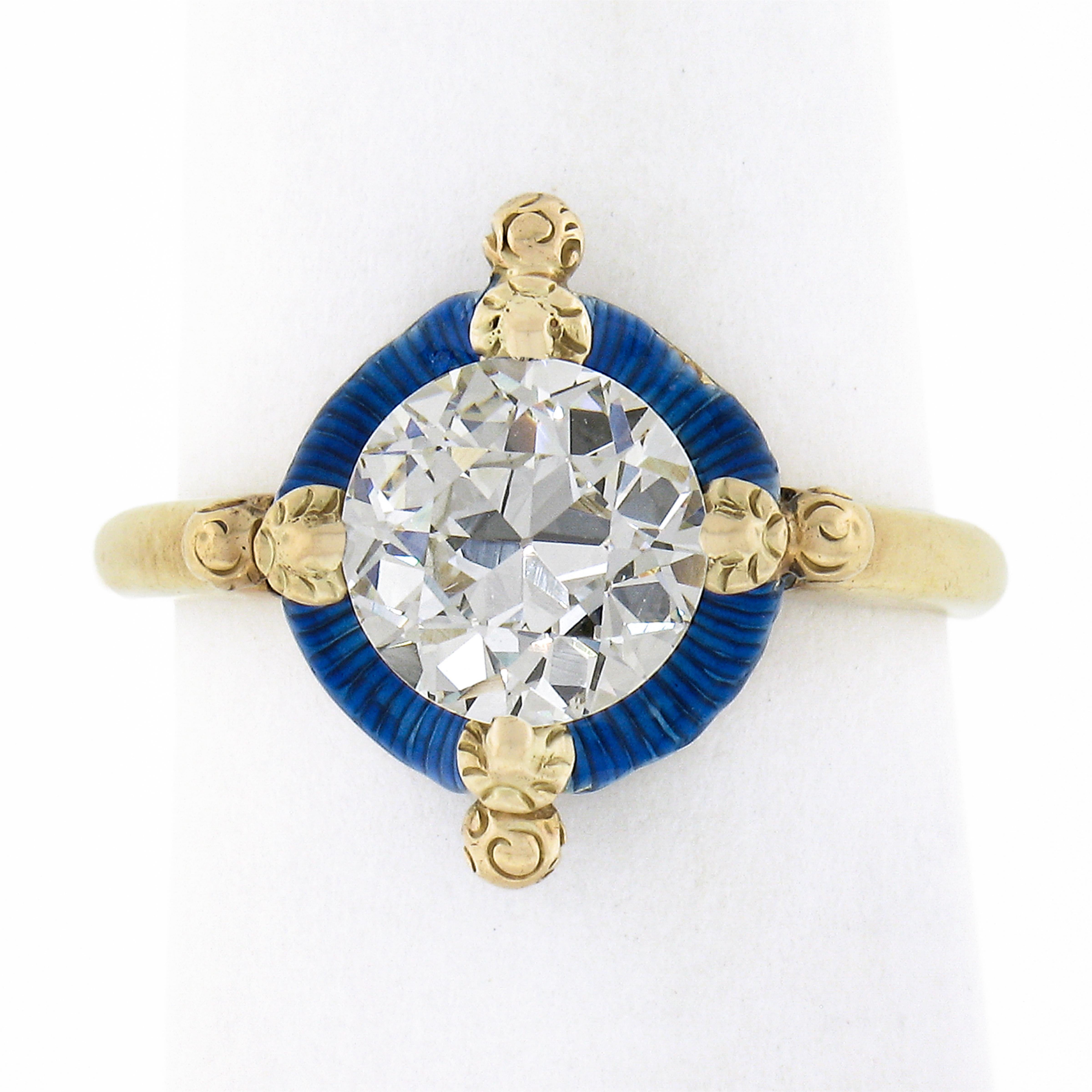 Victorien Ancienne bague de fiançailles victorienne en or 14 carats avec halo de diamants bleus 1,64 carat certifiés GIA en vente