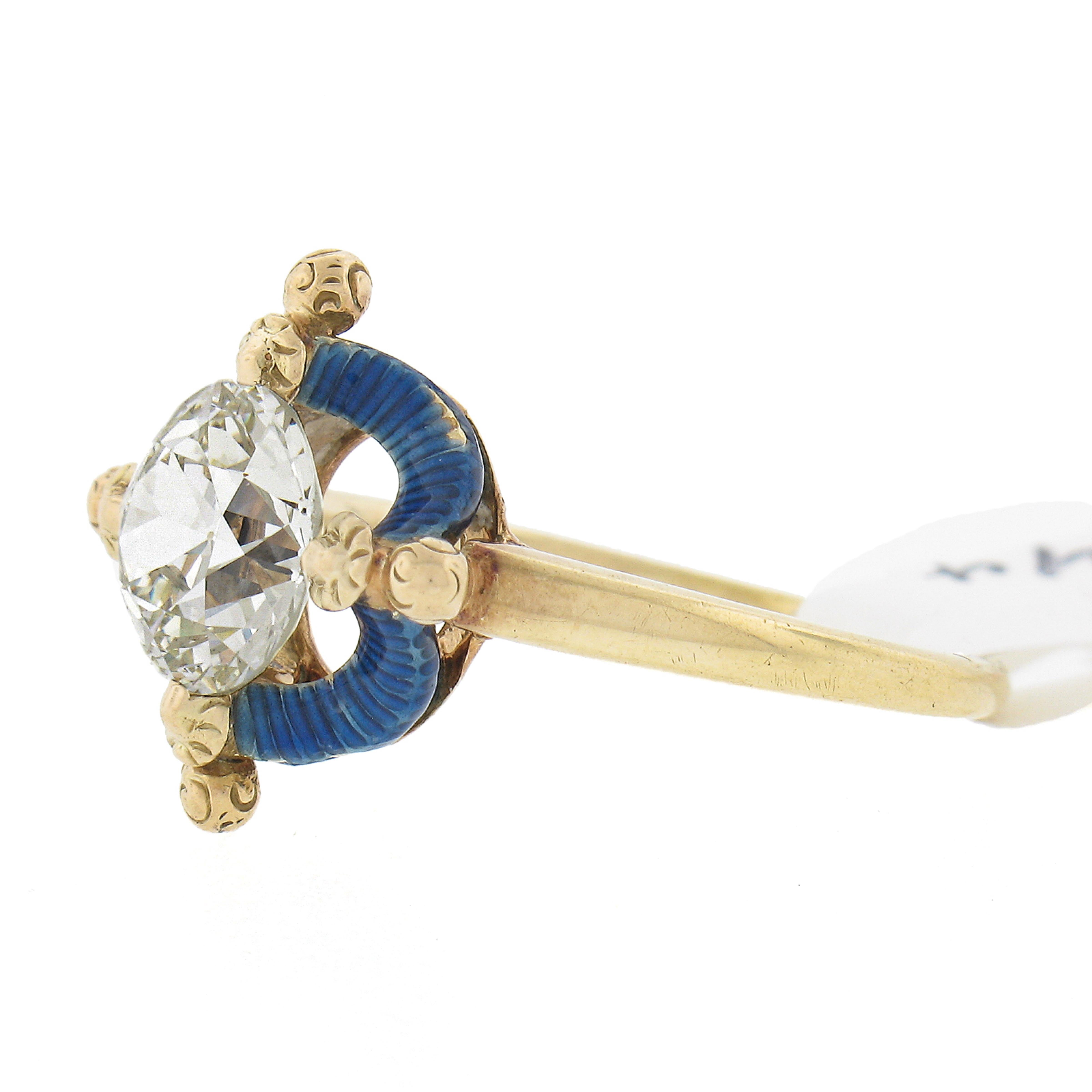 Ancienne bague de fiançailles victorienne en or 14 carats avec halo de diamants bleus 1,64 carat certifiés GIA Pour femmes en vente