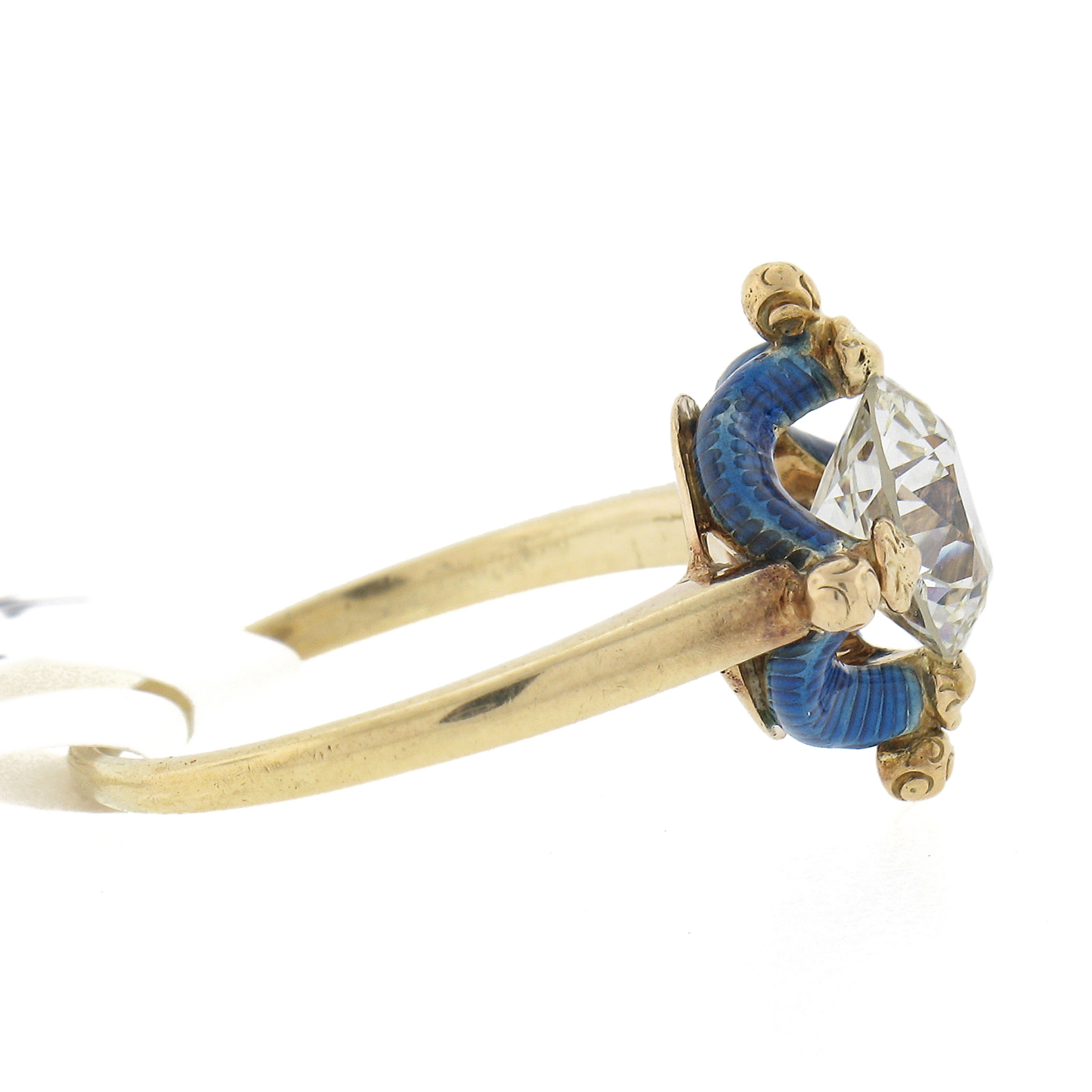 Antique Victorian 14k Gold 1.64 GIA Old Diamond Engagement Ring Blue Enamel Halo For Sale 1