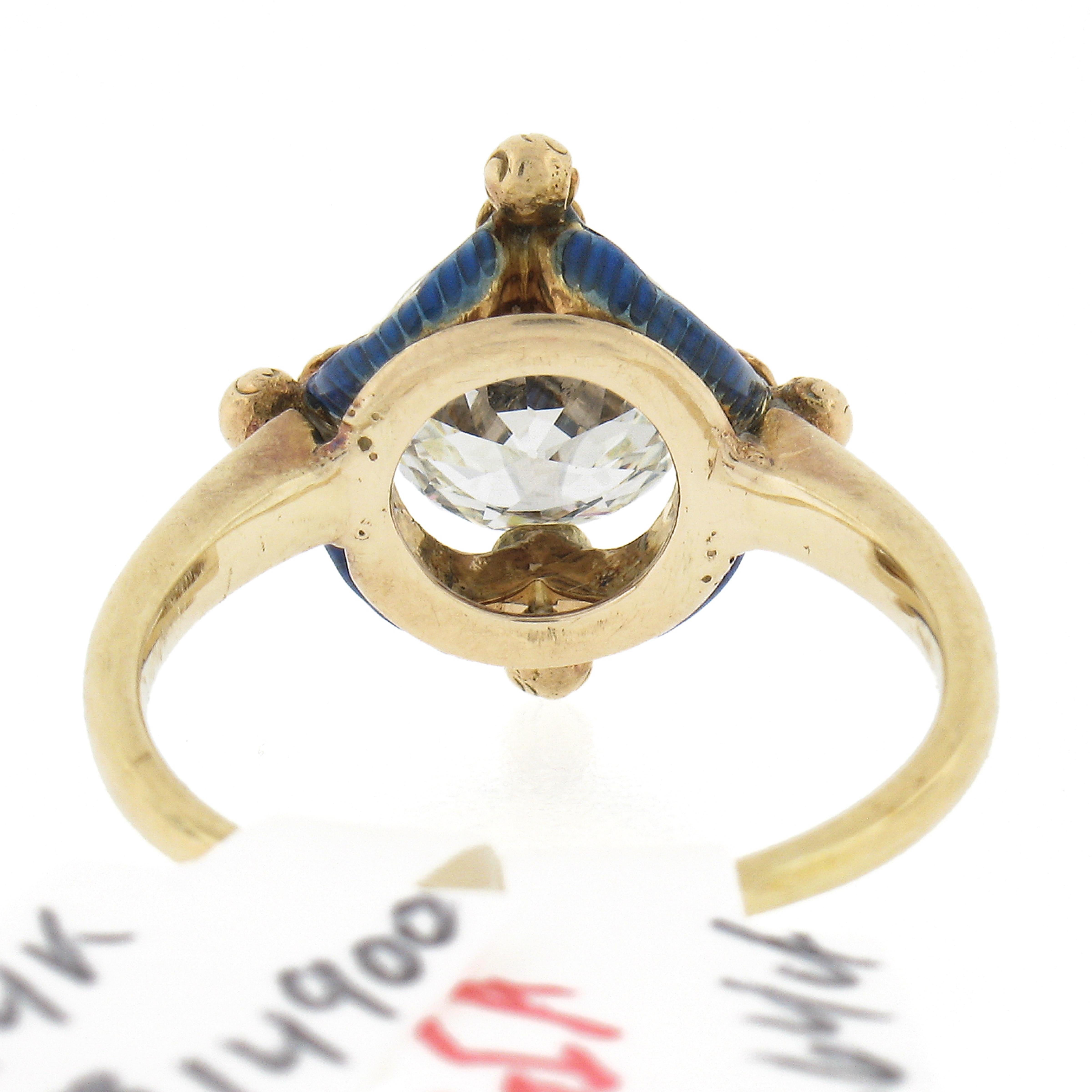 Ancienne bague de fiançailles victorienne en or 14 carats avec halo de diamants bleus 1,64 carat certifiés GIA en vente 2
