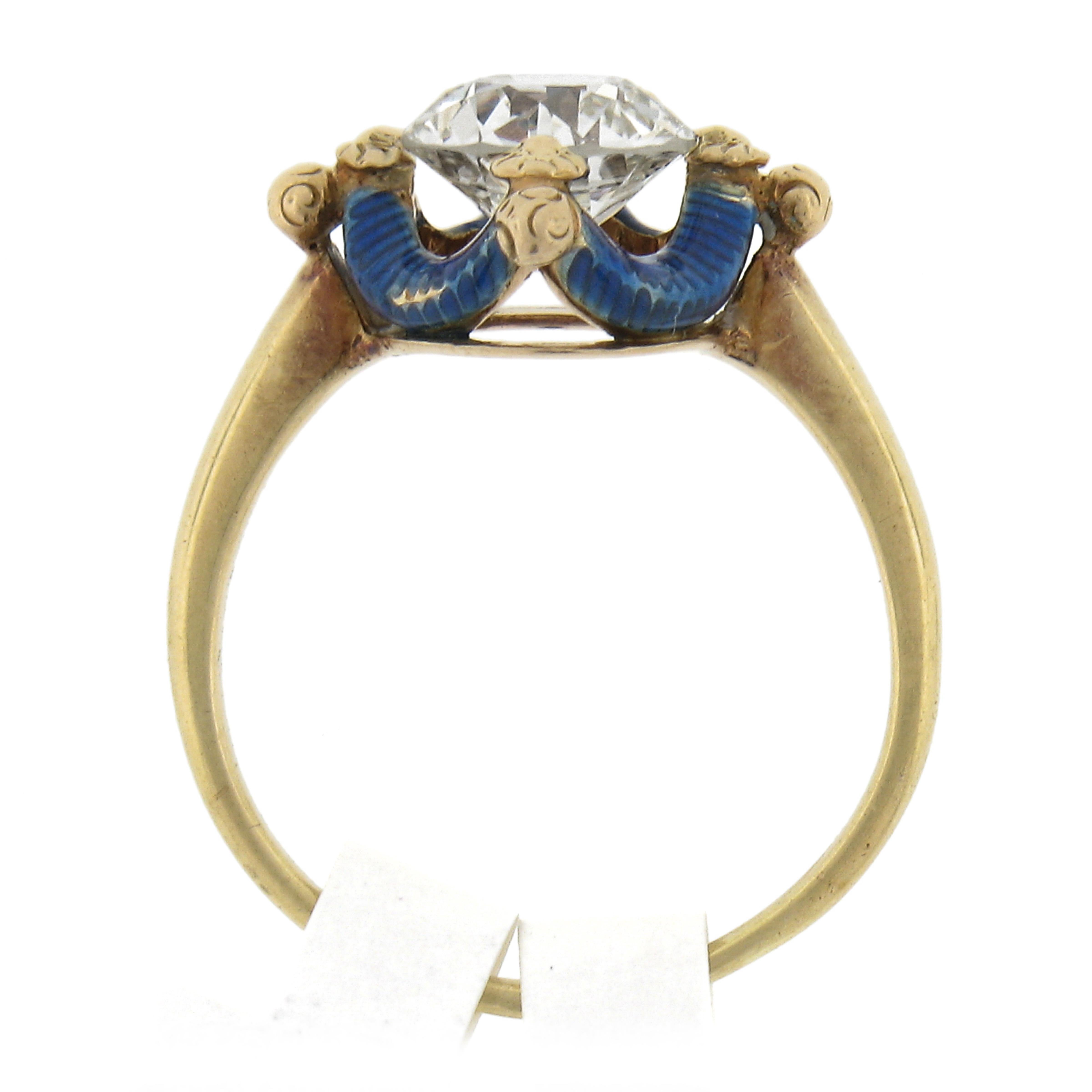 Ancienne bague de fiançailles victorienne en or 14 carats avec halo de diamants bleus 1,64 carat certifiés GIA en vente 3