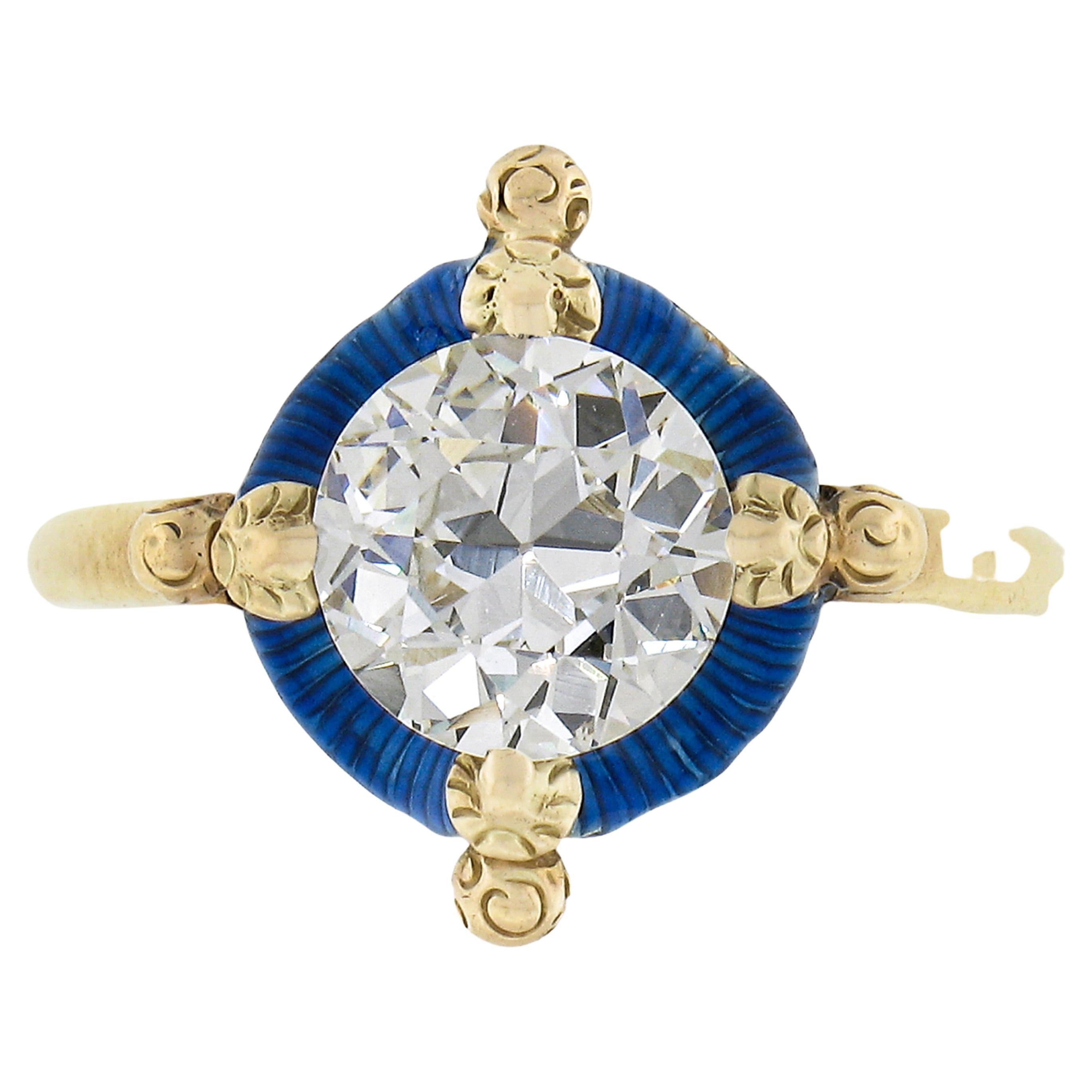 Antique Victorian 14k Gold 1.64 GIA Old Diamond Engagement Ring Blue Enamel Halo