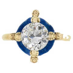 Ancienne bague de fiançailles victorienne en or 14 carats avec halo de diamants bleus 1,64 carat certifiés GIA