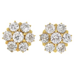 Antique Victorian 14k Gold 1.85ctw European Diamond Flower Cluster Stud Earrings