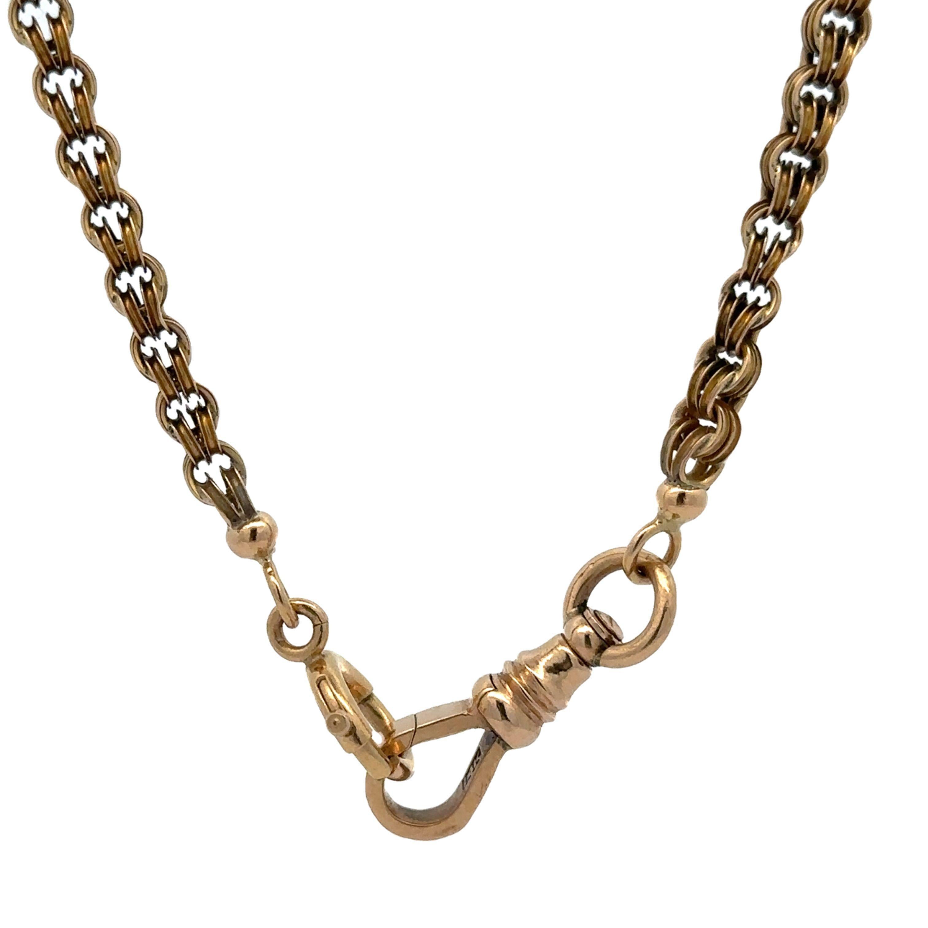 Material: Solid 14k Yellow Gold 
Weight: 18.6 Grams
Chain Type: Double Round Link
Chain Length: 19 inches
Chain Width: 3.8mm
Clasps: Spring Ring (5.7mm Inside Diameter), Dog Clip (7.4x4.4mm inside clearance)
Condition: Antique Victorian. Shows some