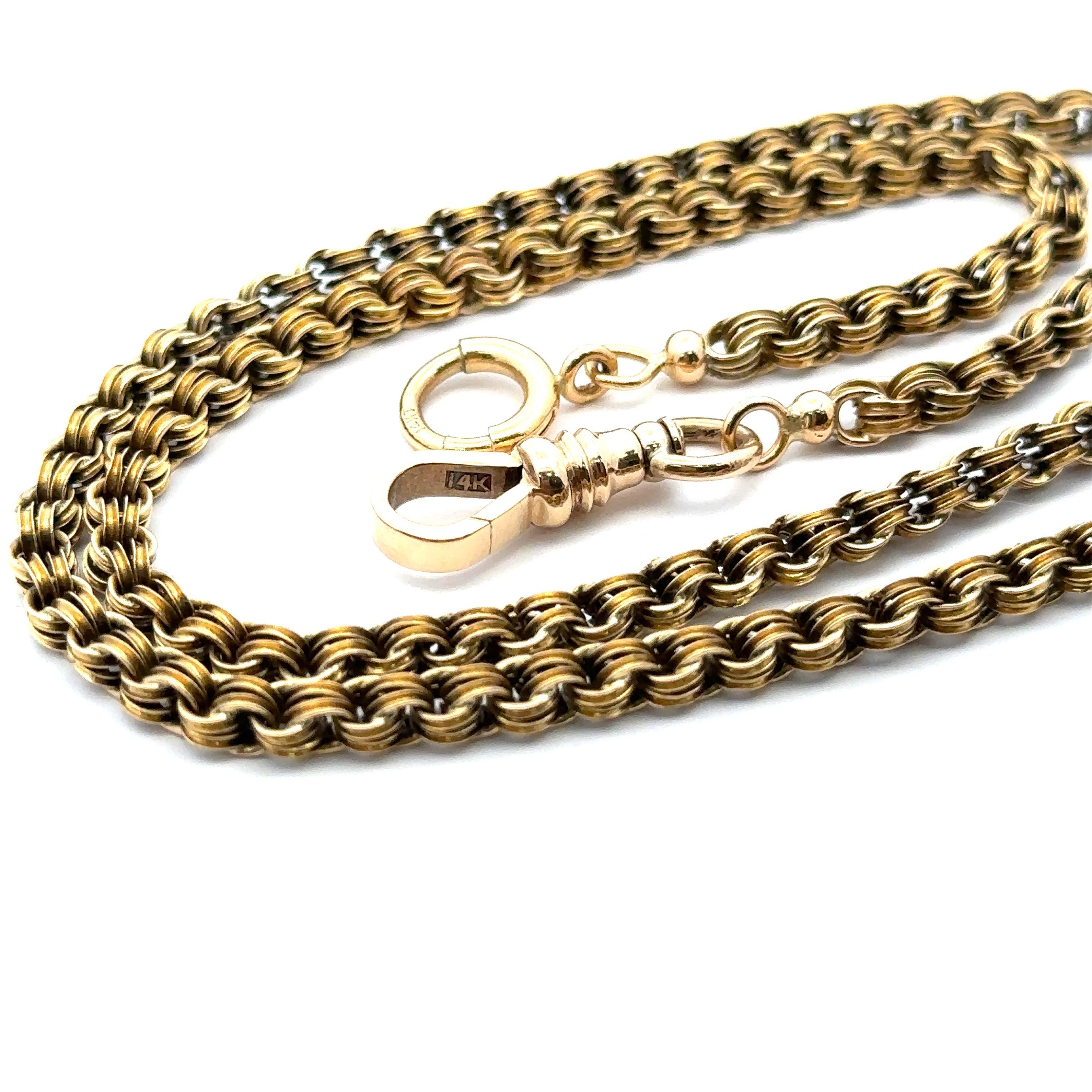 Antique Victorian 14k Gold 19in Double Link Watch Chain Dog Clip & Spring Ring In Excellent Condition In Montclair, NJ