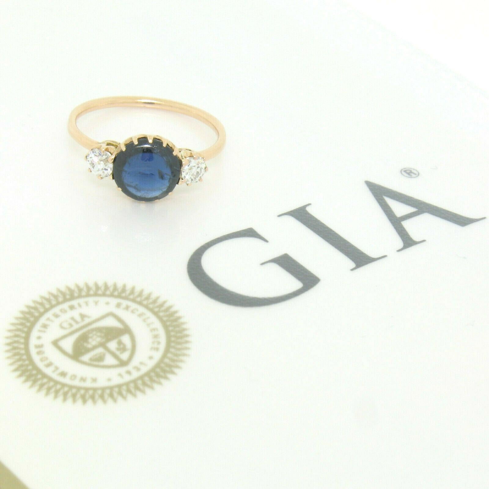 Antique Victorian 14k Gold 2.00ct GIA No Heat Burma Sapphire & Euro Diamond Ring For Sale 3
