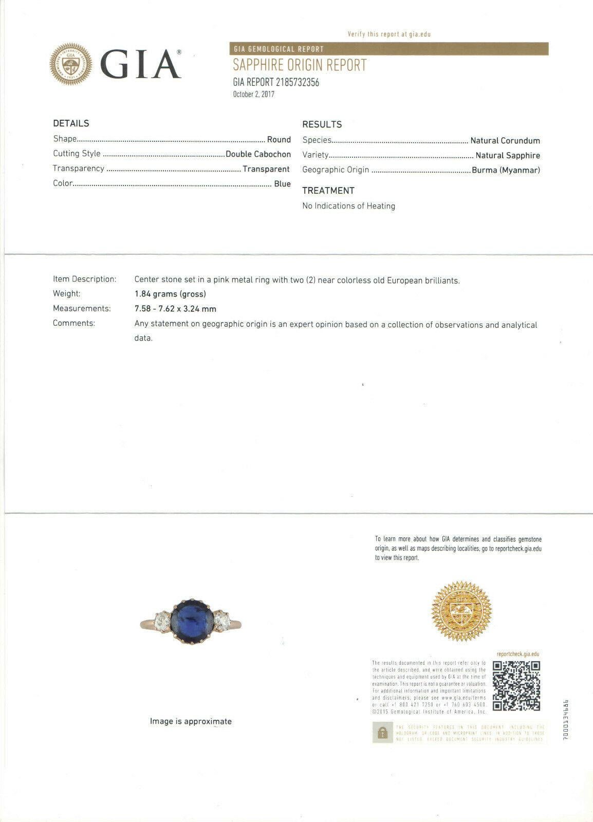 Antique Victorian 14k Gold 2.00ct GIA No Heat Burma Sapphire & Euro Diamond Ring For Sale 4