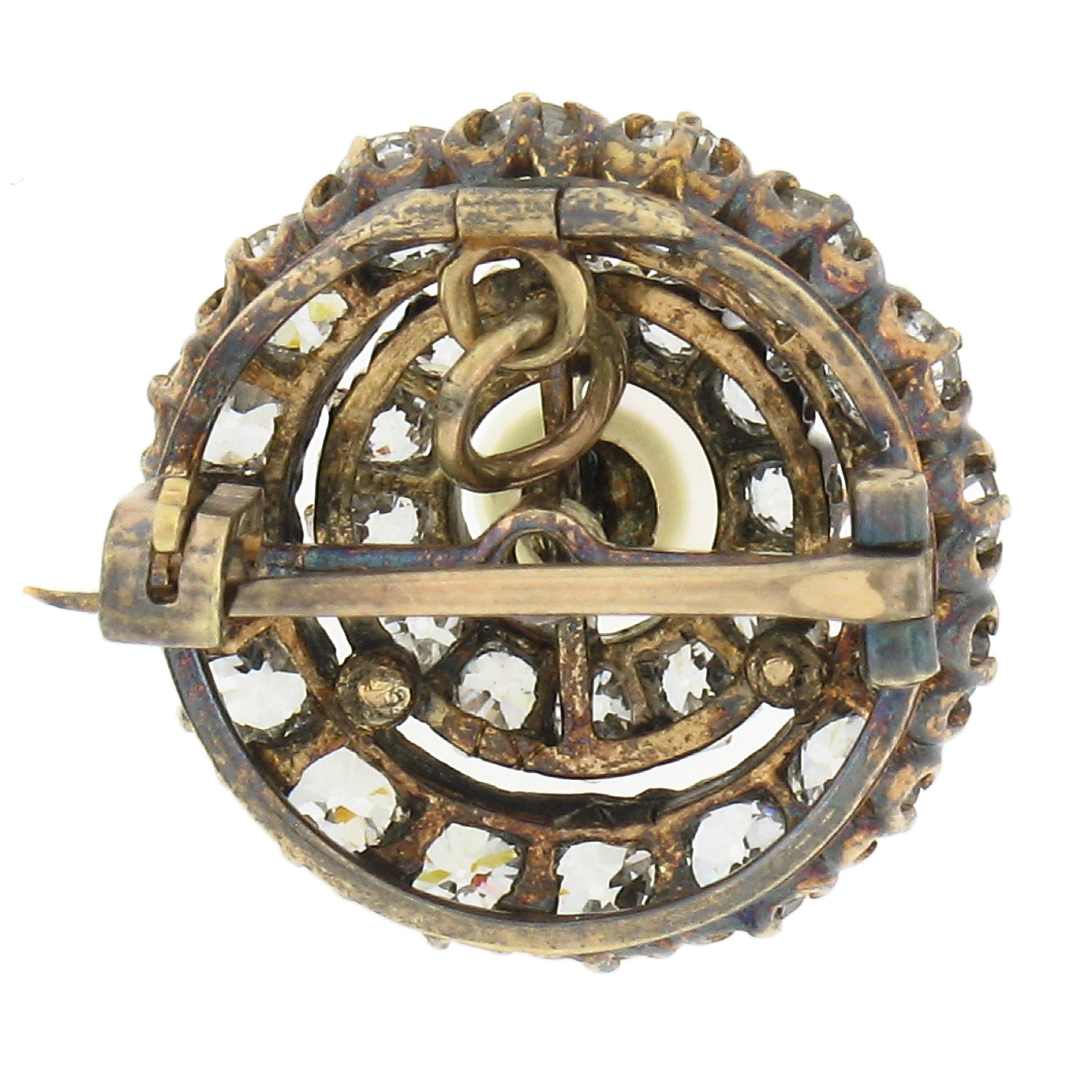 Taille ronde Antiquité Victorienne 14k Or 2.2ctw Diamond & Pearl Dual Circle Brooch Pendentif en vente