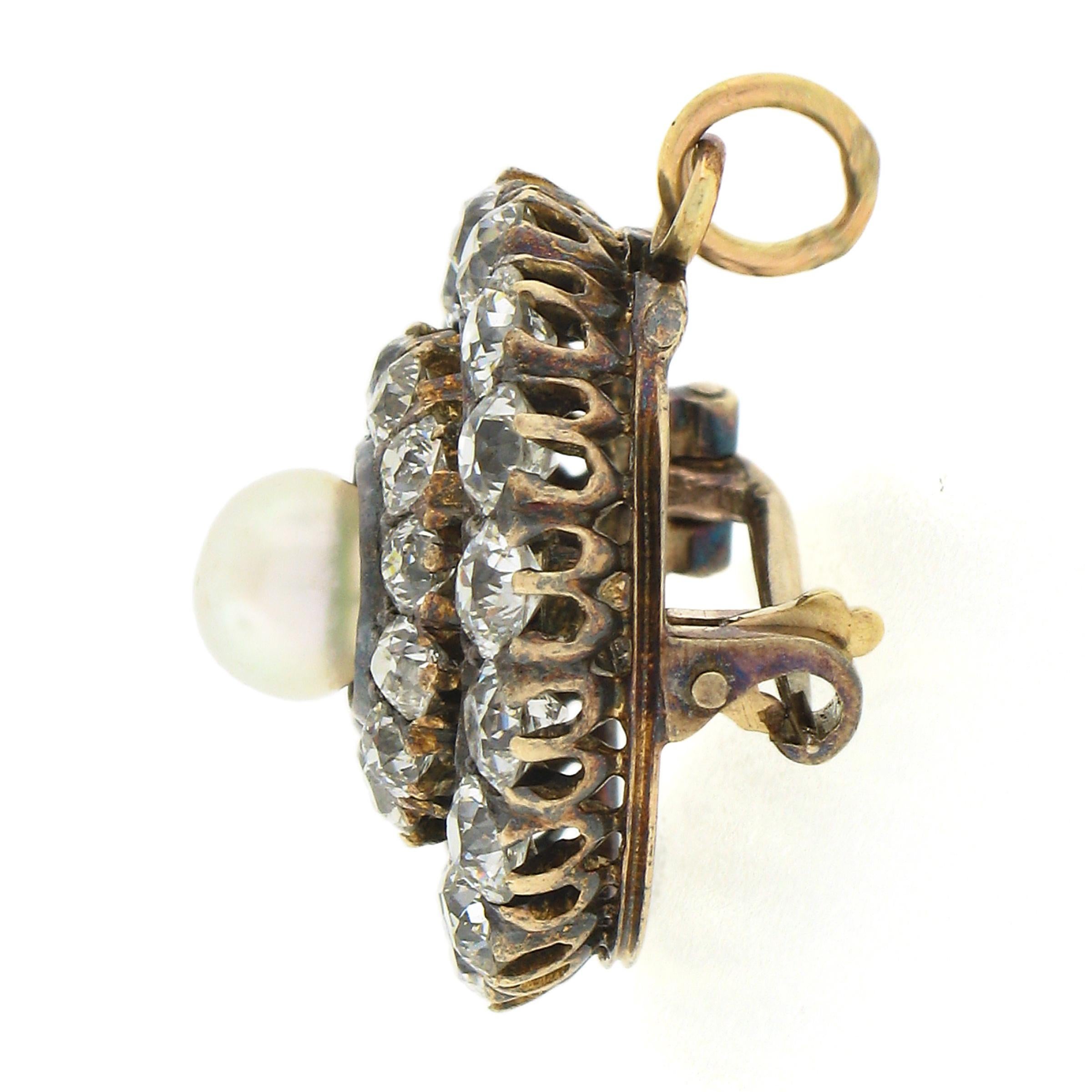 Antiquité Victorienne 14k Or 2.2ctw Diamond & Pearl Dual Circle Brooch Pendentif Pour femmes en vente