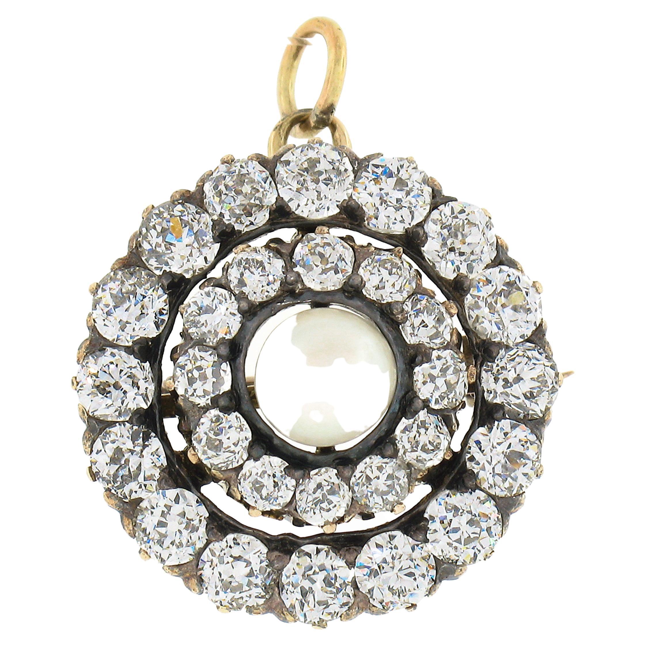 Antique Victorian 14k Gold 2.2ctw Diamond & Pearl Dual Circle Pin Brooch Pendant For Sale