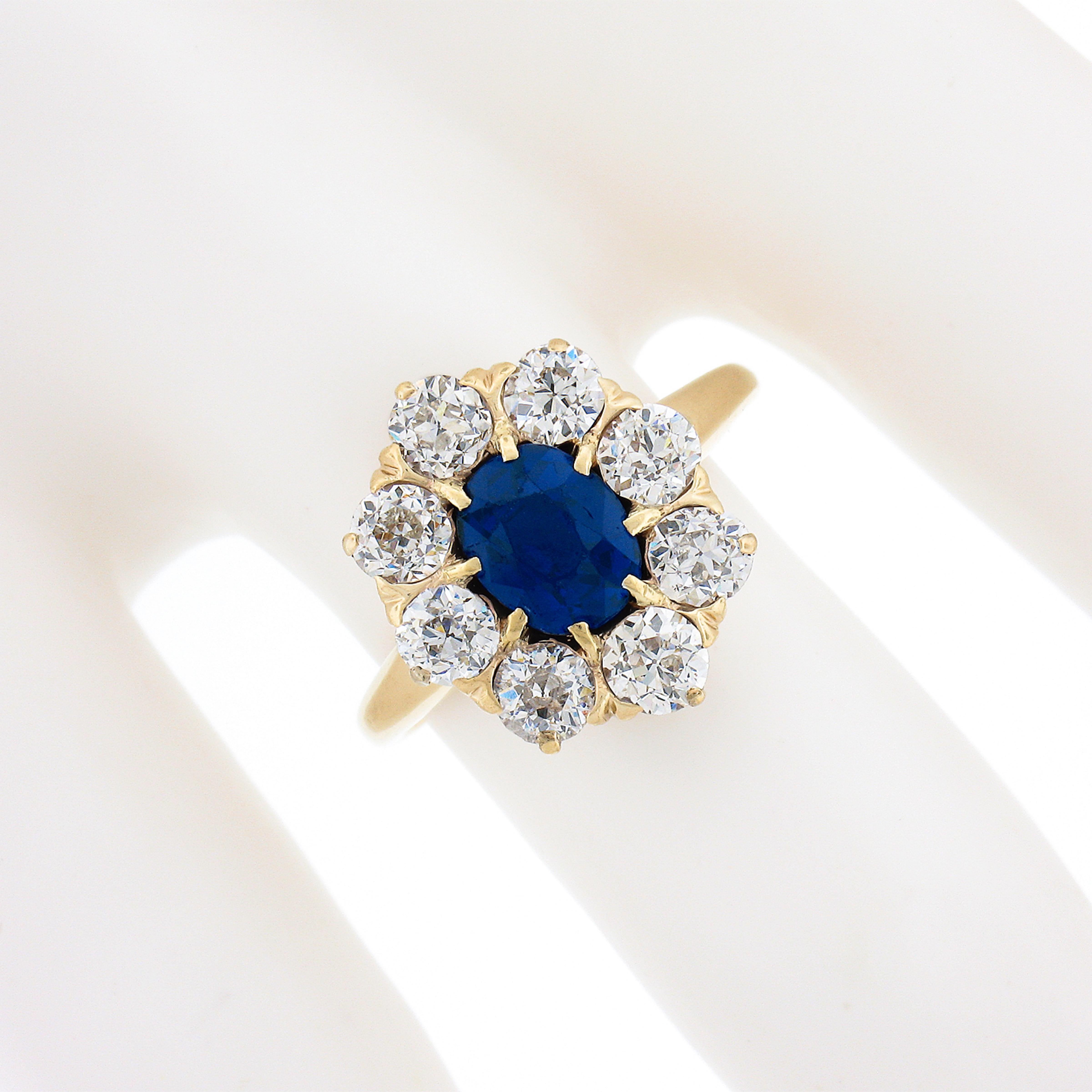 Antique Victorian 14k Gold 2.40ct AGL Burma No Heat Sapphire & Diamond Halo Ring In Good Condition For Sale In Montclair, NJ