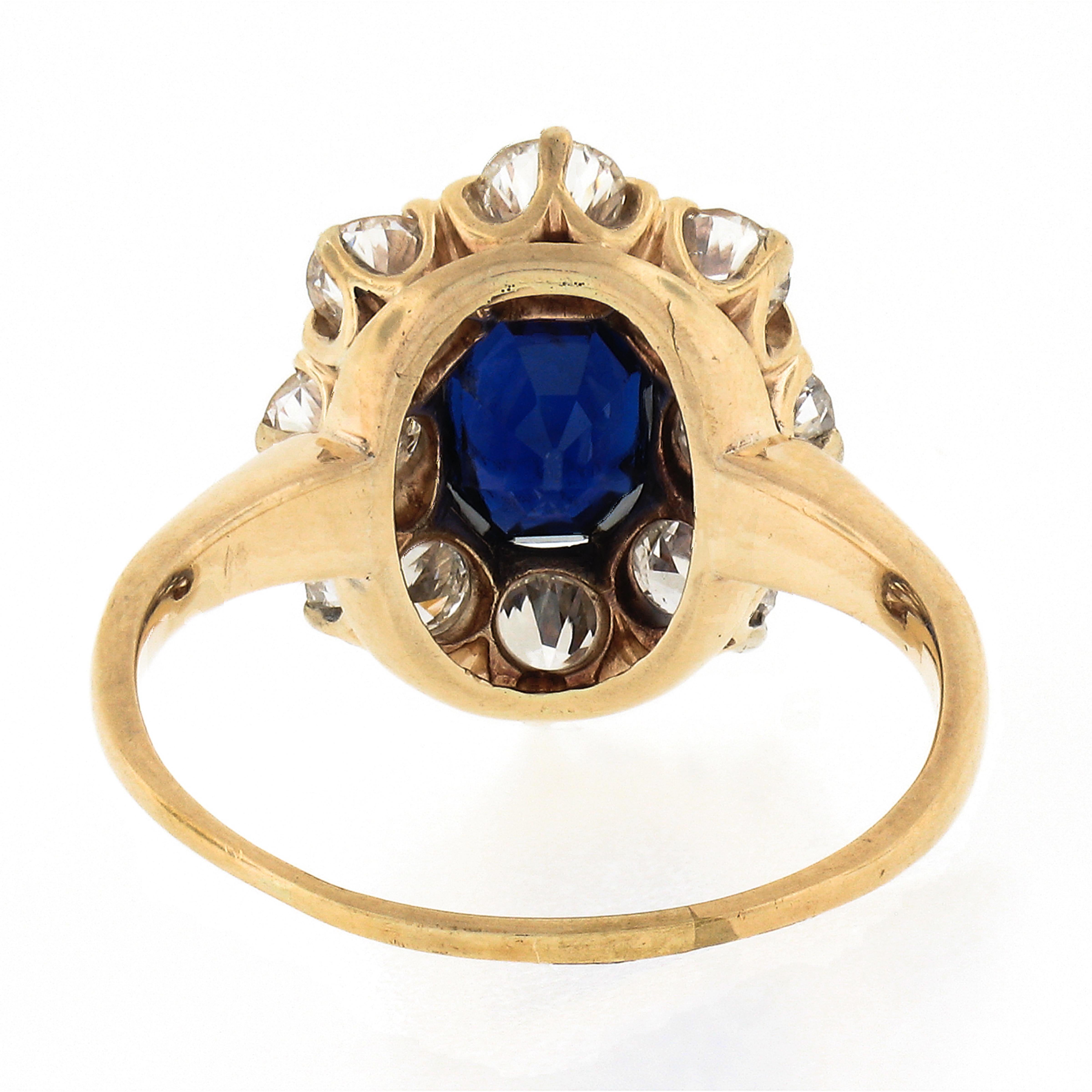 Antique Victorian 14k Gold 2.40ct AGL Burma No Heat Sapphire & Diamond Halo Ring For Sale 2