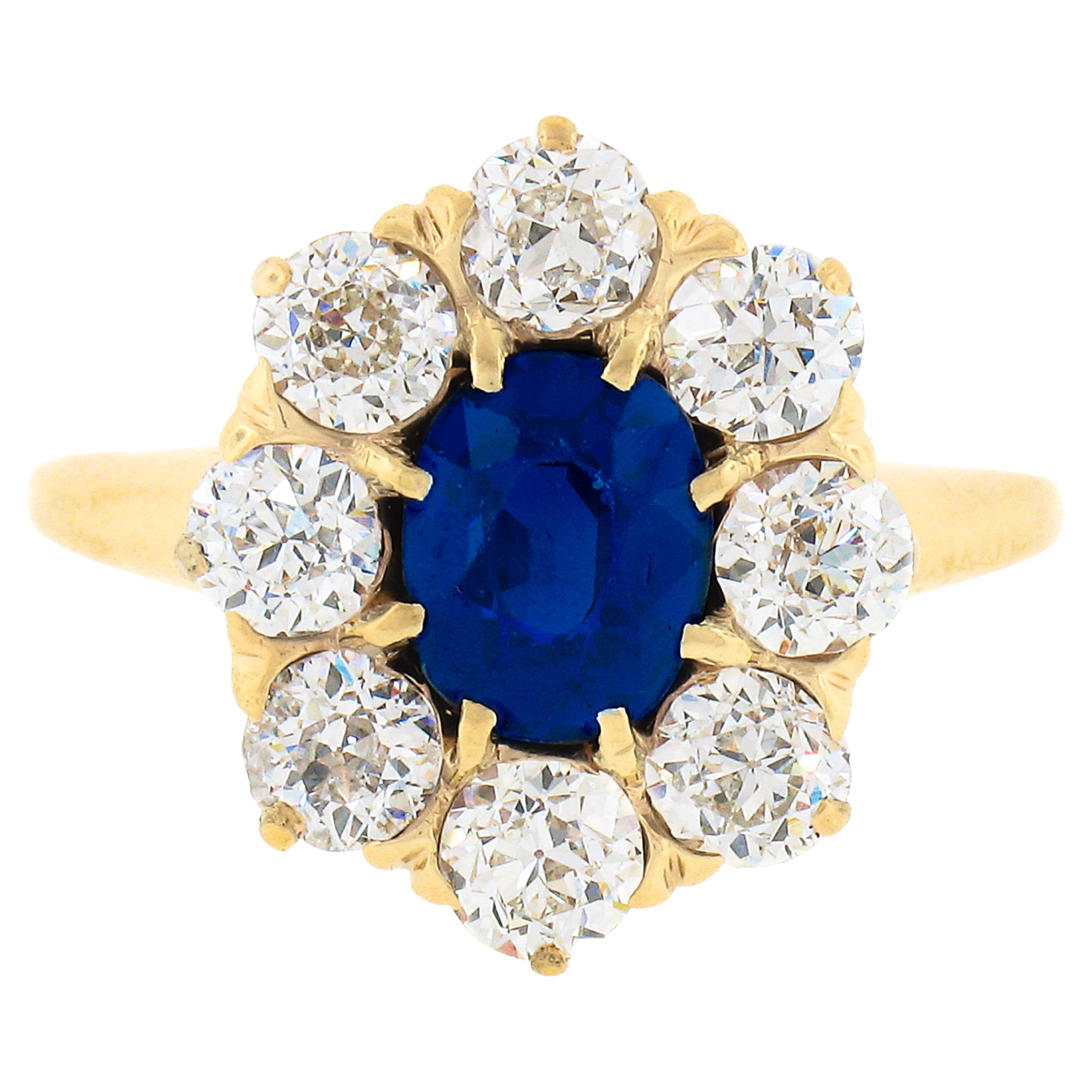 Antique Victorian 14k Gold 2.40ct AGL Burma No Heat Sapphire & Diamond Halo Ring For Sale