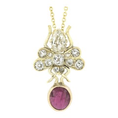 Antique Victorian 14k Gold 2.60ctw GIA Oval Ruby & Old Cut Diamond Bee Pendant
