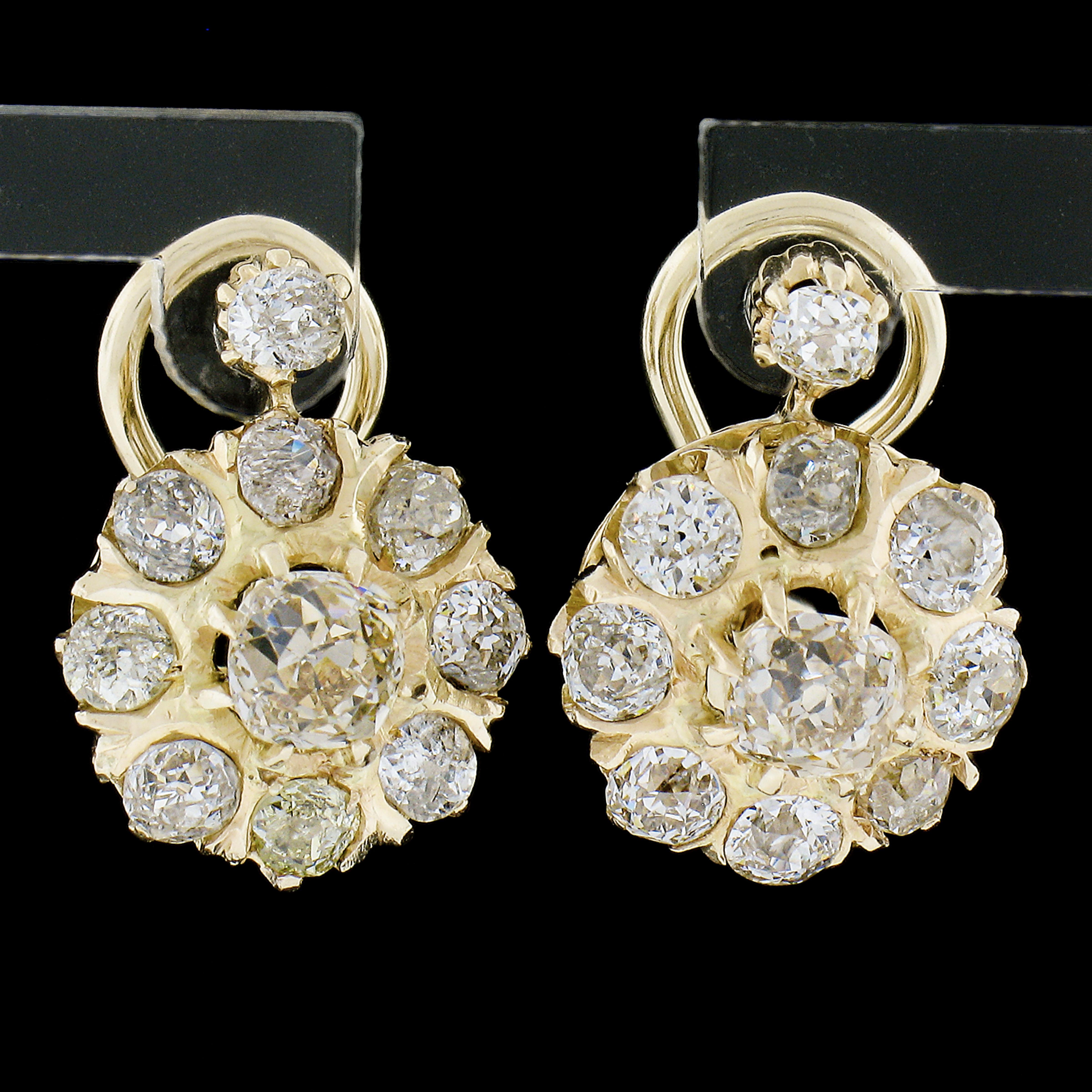 Antike viktorianische 14k Gold 3,5ctw Altminen-Diamant-Cluster-Tropfen-Ohrhänger im Zustand „Hervorragend“ im Angebot in Montclair, NJ