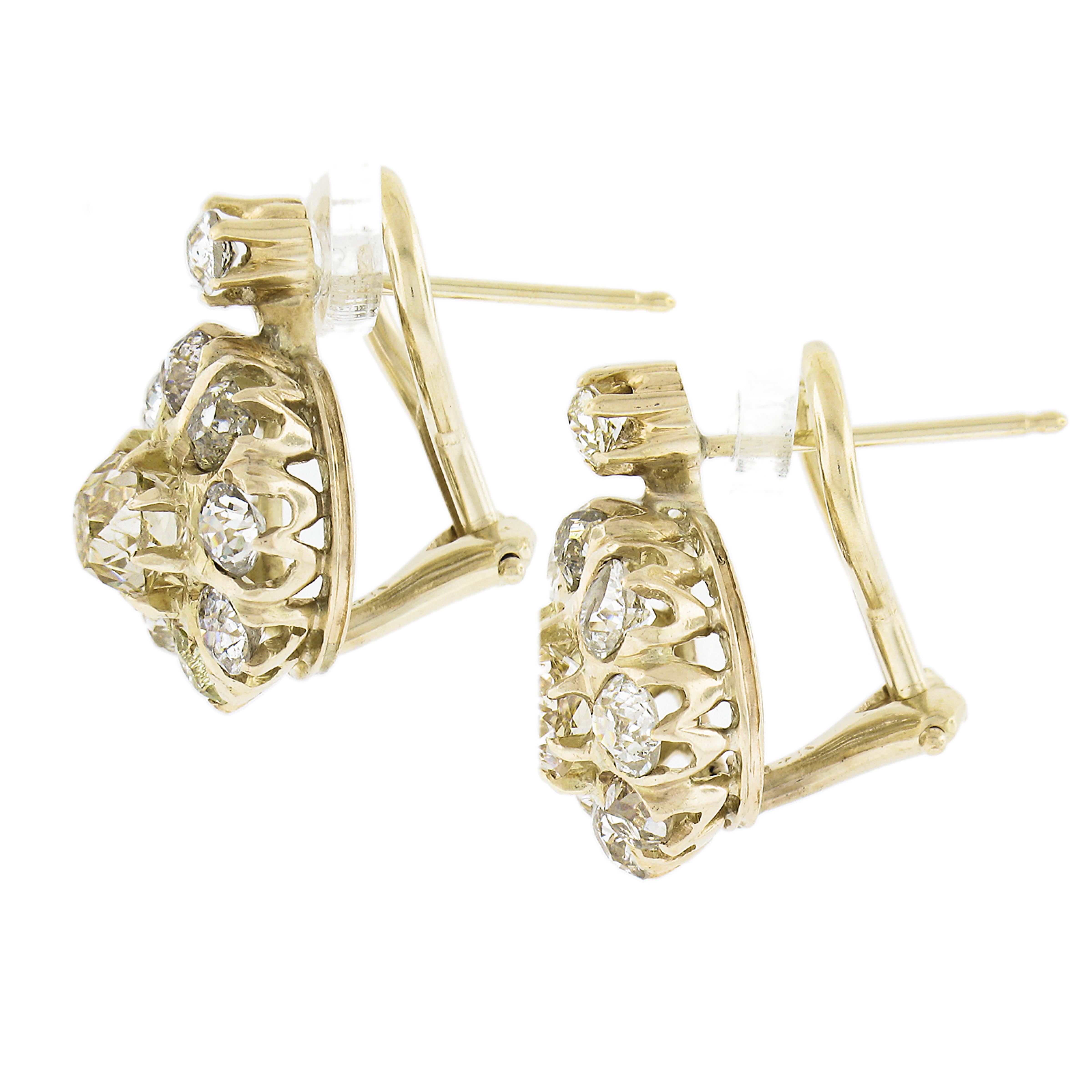 Antique Victorian 14k Gold 3.5ctw Old Mine Diamond Cluster Drop Dangle Earrings For Sale 1