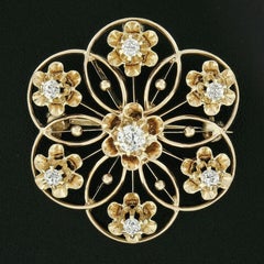 Antique Victorian 14k Gold .60ct European Diamond Open Flower Pin Brooch Pendant