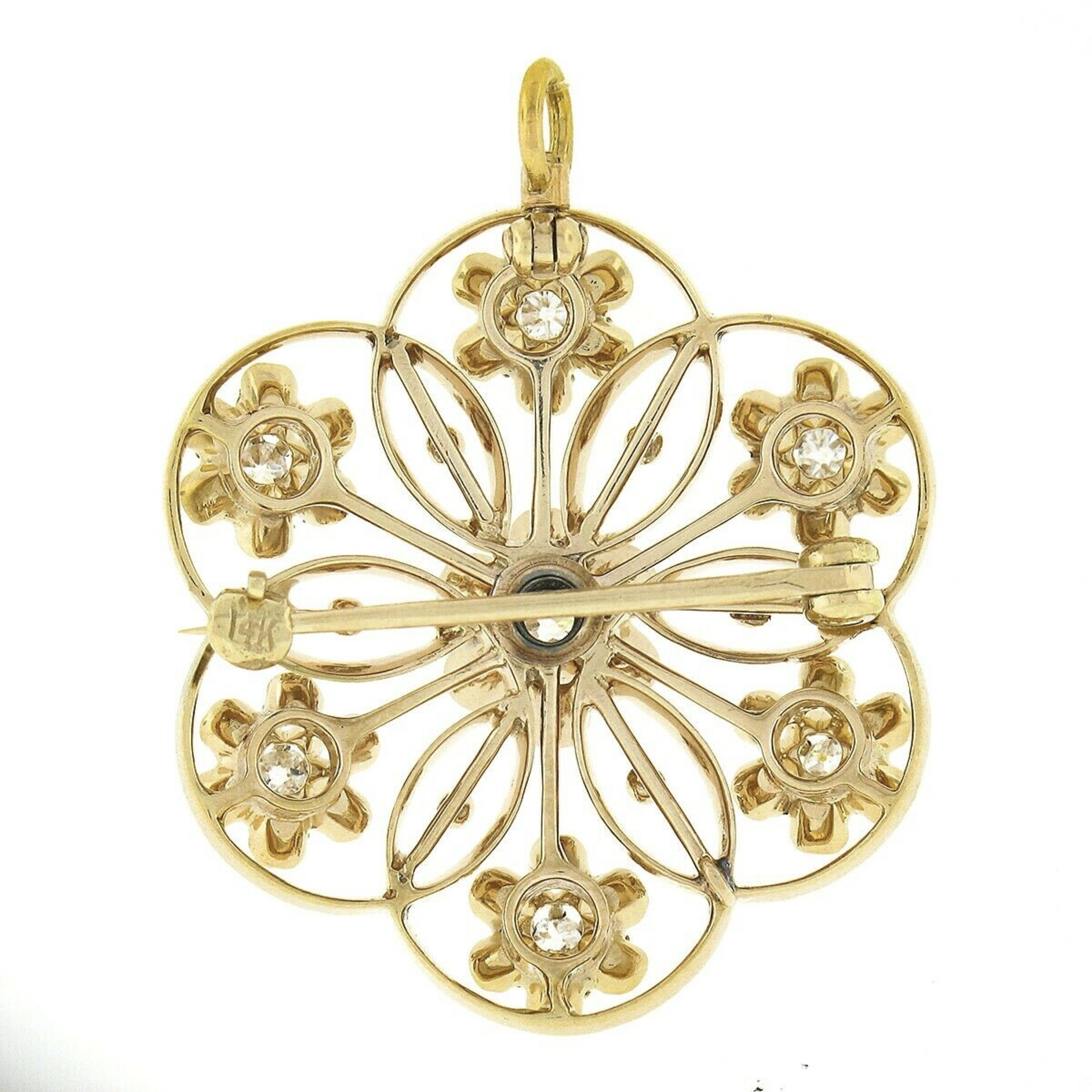 Late Victorian Antique Victorian 14k Gold .60ct European Diamond Open Flower Pin Brooch Pendant For Sale
