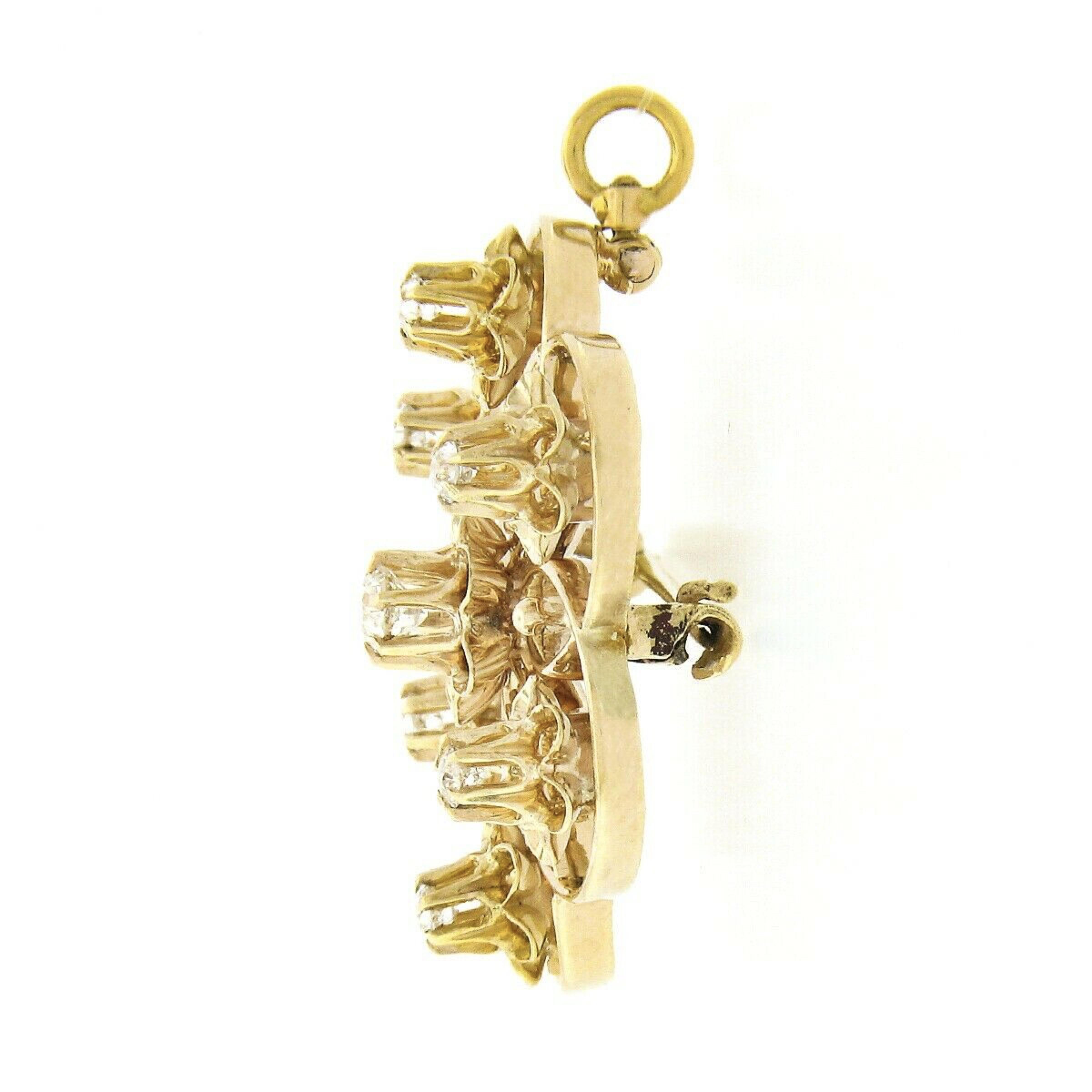 Old European Cut Antique Victorian 14k Gold .60ct European Diamond Open Flower Pin Brooch Pendant For Sale
