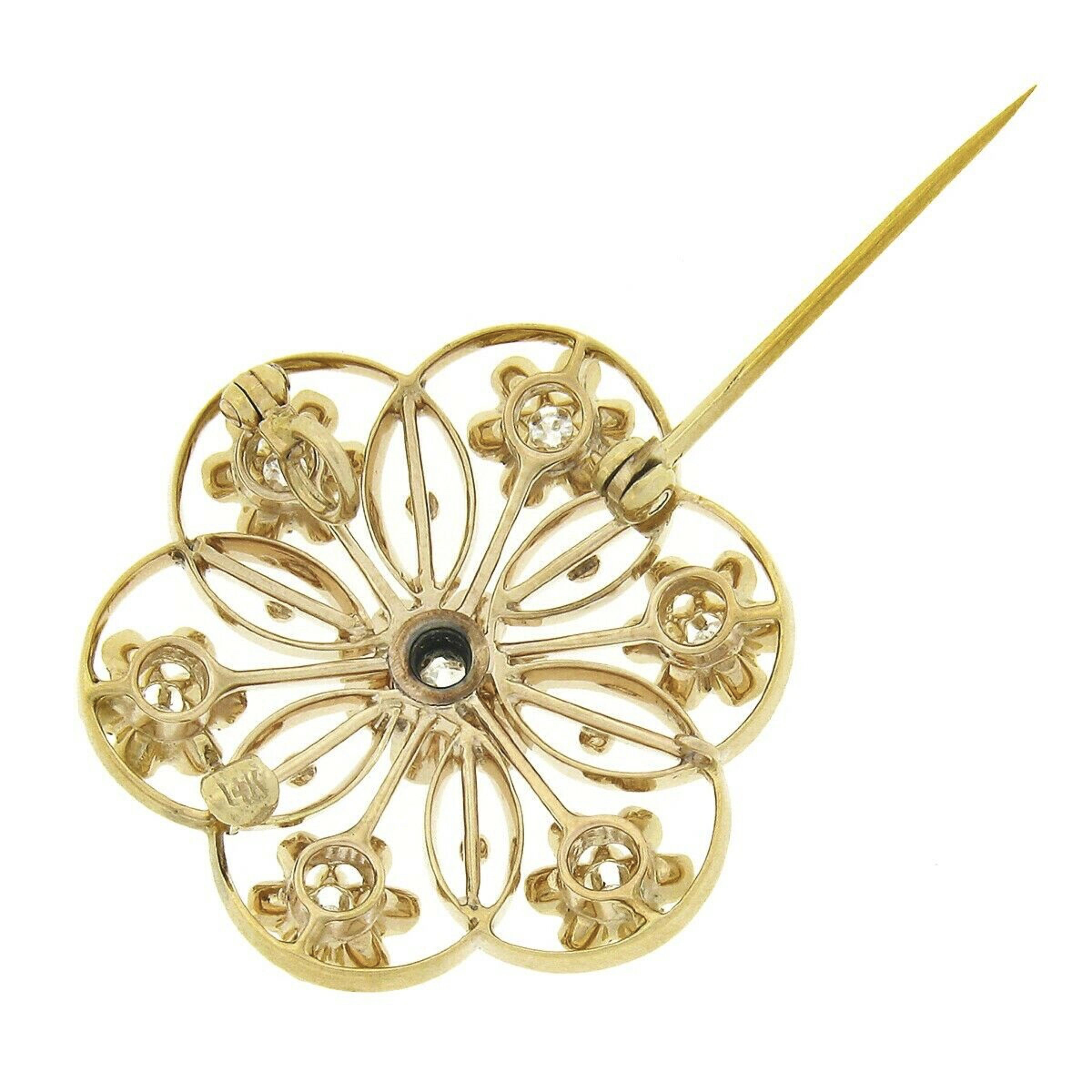 Women's Antique Victorian 14k Gold .60ct European Diamond Open Flower Pin Brooch Pendant For Sale
