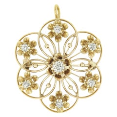 Antique Victorian 14k Gold .60ct European Diamond Open Flower Pin Brooch Pendant