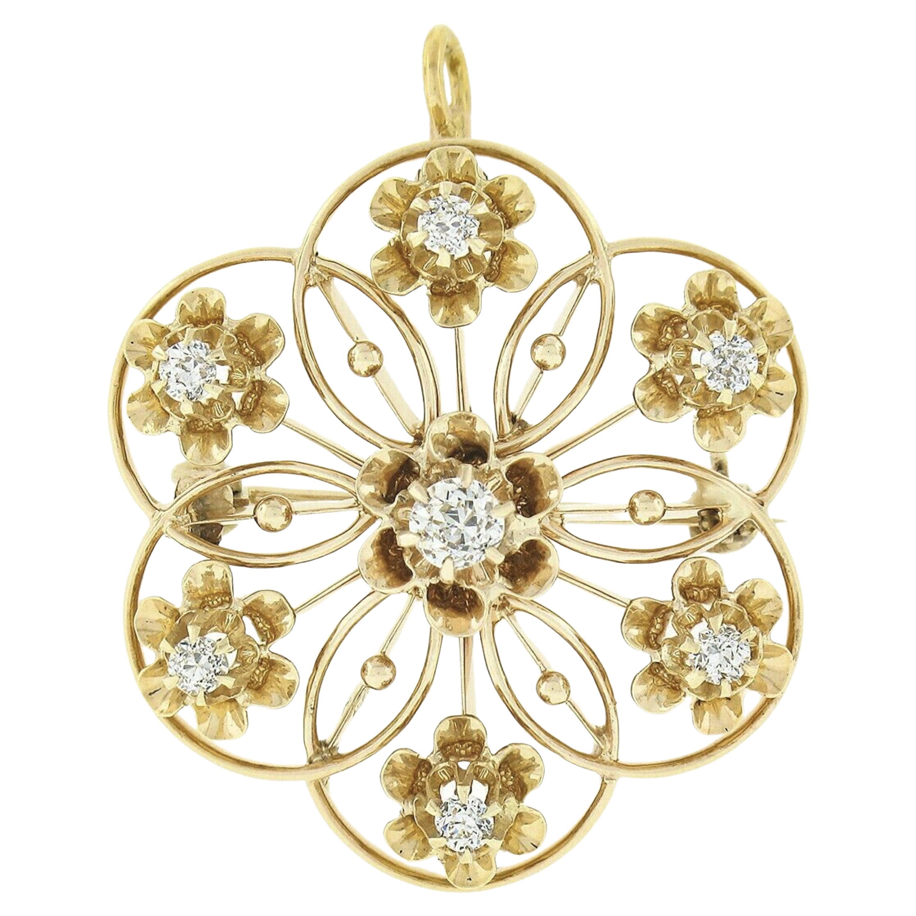 Pendentif broche victorien ancien en or 14 carats avec épingle à fleurs ouverte et diamants européens de 0,60 carat
