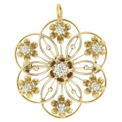 Antique Victorian 14k Gold .60ct European Diamond Open Flower Pin Brooch Pendant