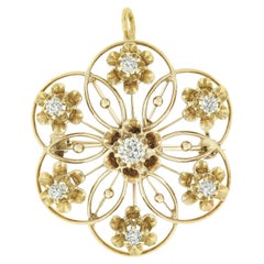 Antiguo Victoriano 14k Oro .60ct Diamante Europeo Flor Abierta Broche Colgante