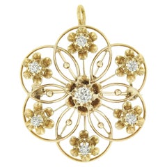 Pendentif broche victorien ancien en or 14 carats avec épingle à fleurs ouverte et diamants européens de 0,60 carat