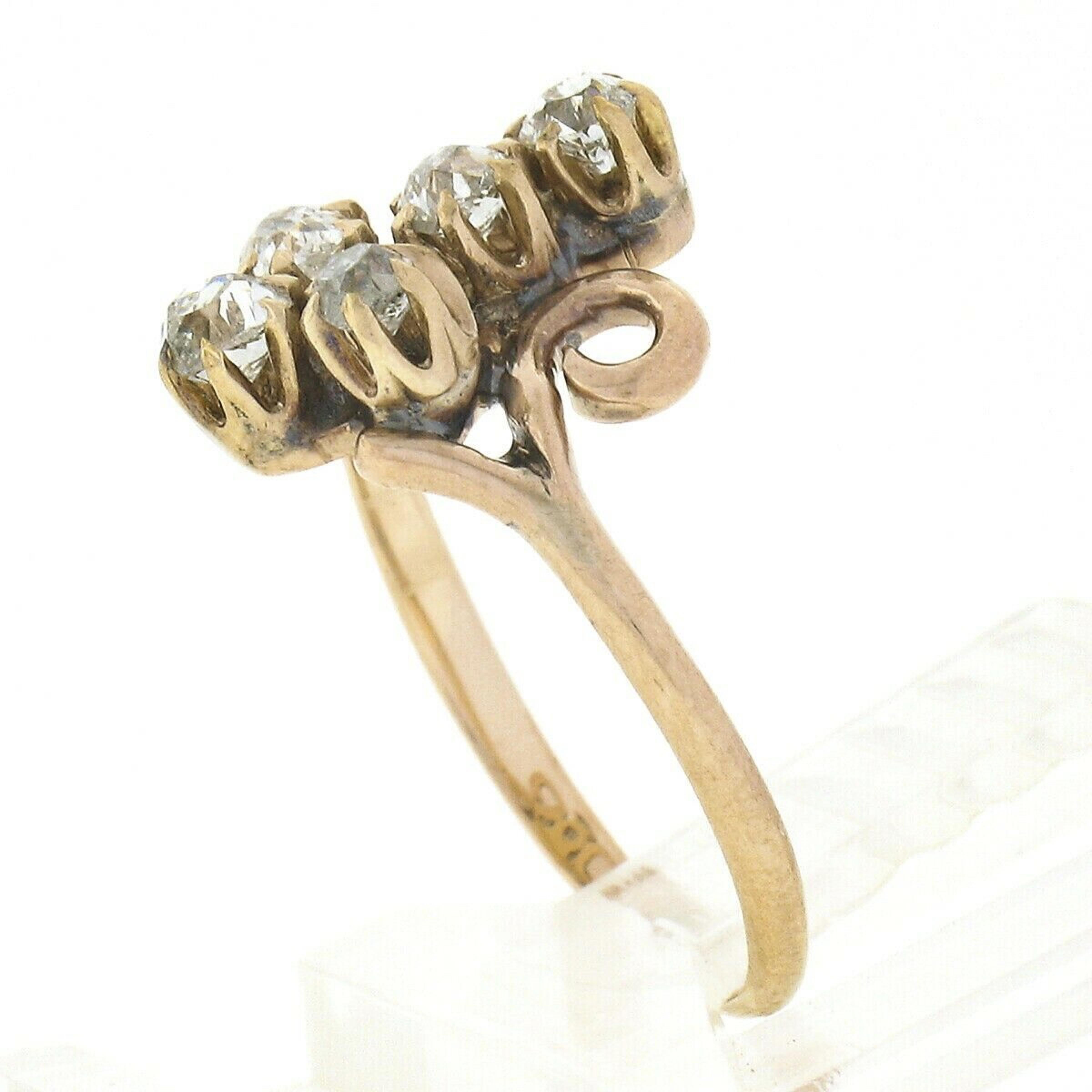 Women's Antique Victorian 14K Gold .60ct Old Mine Diamond Cross w/ Open Swirl Sides Ring For Sale