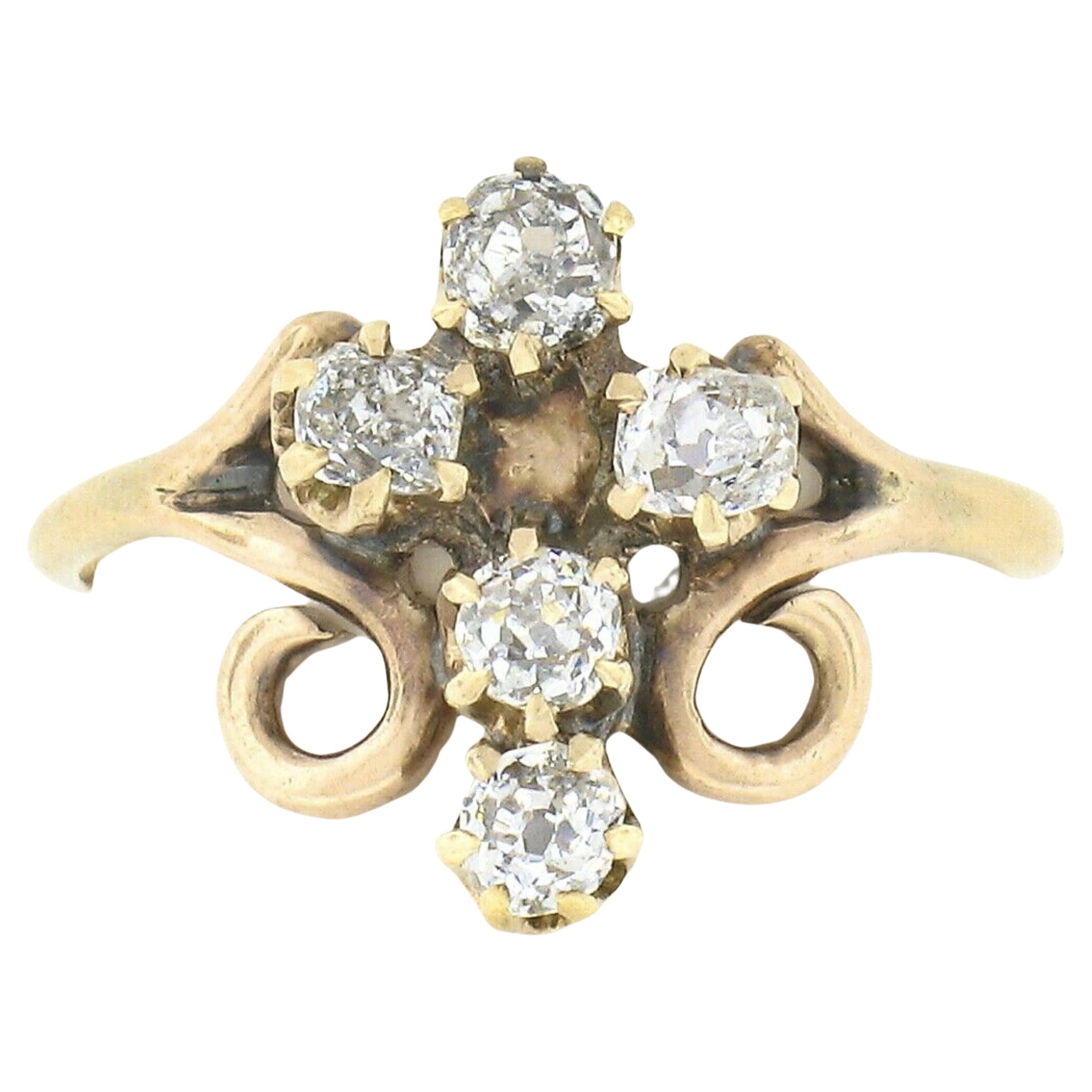 Antique Victorian 14K Gold .60ct Old Mine Diamond Cross w/ Open Swirl Sides Ring For Sale