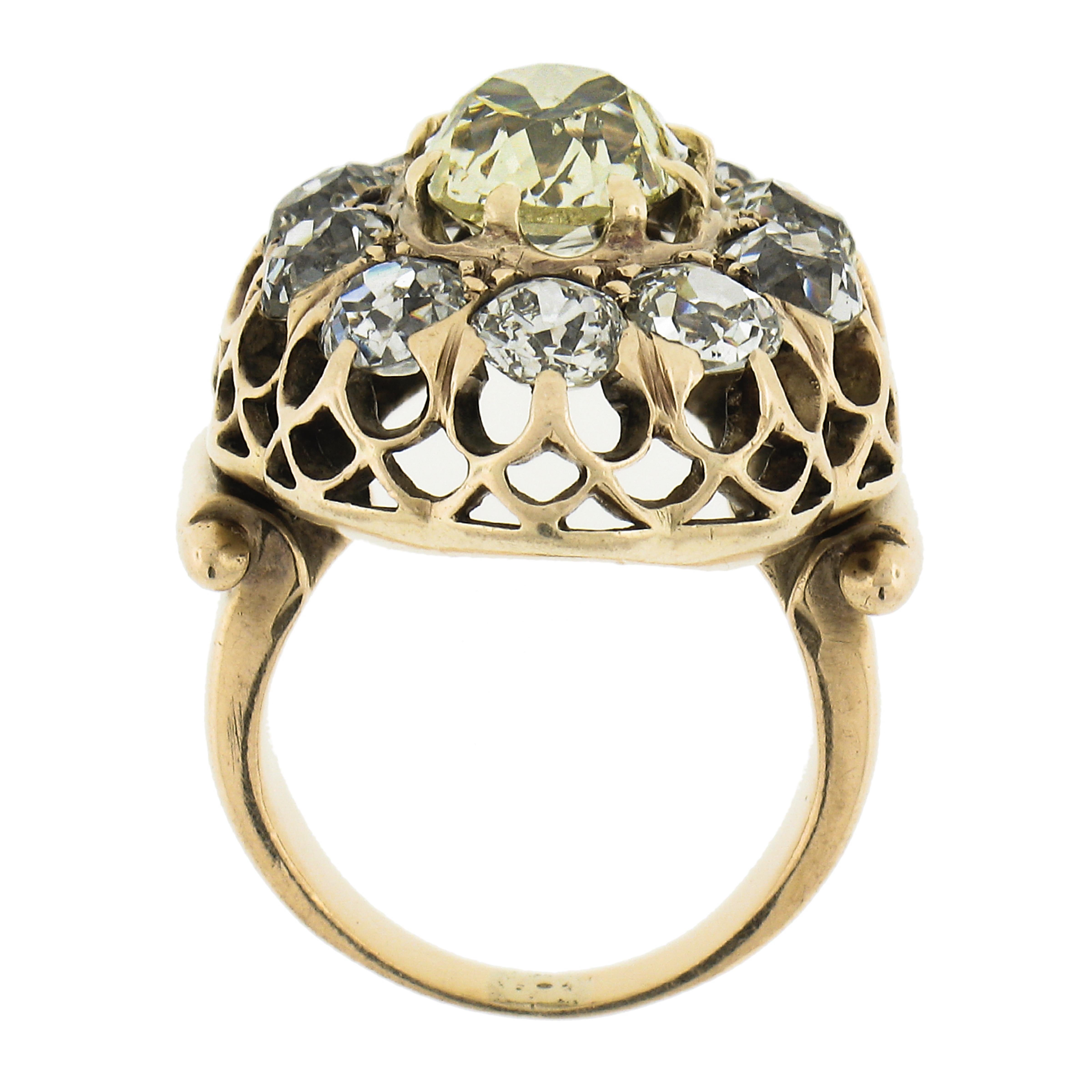Antique Victorian 14K Gold 6.49ct GIA Fancy Intense Yellow Old Diamond Halo Ring For Sale 2
