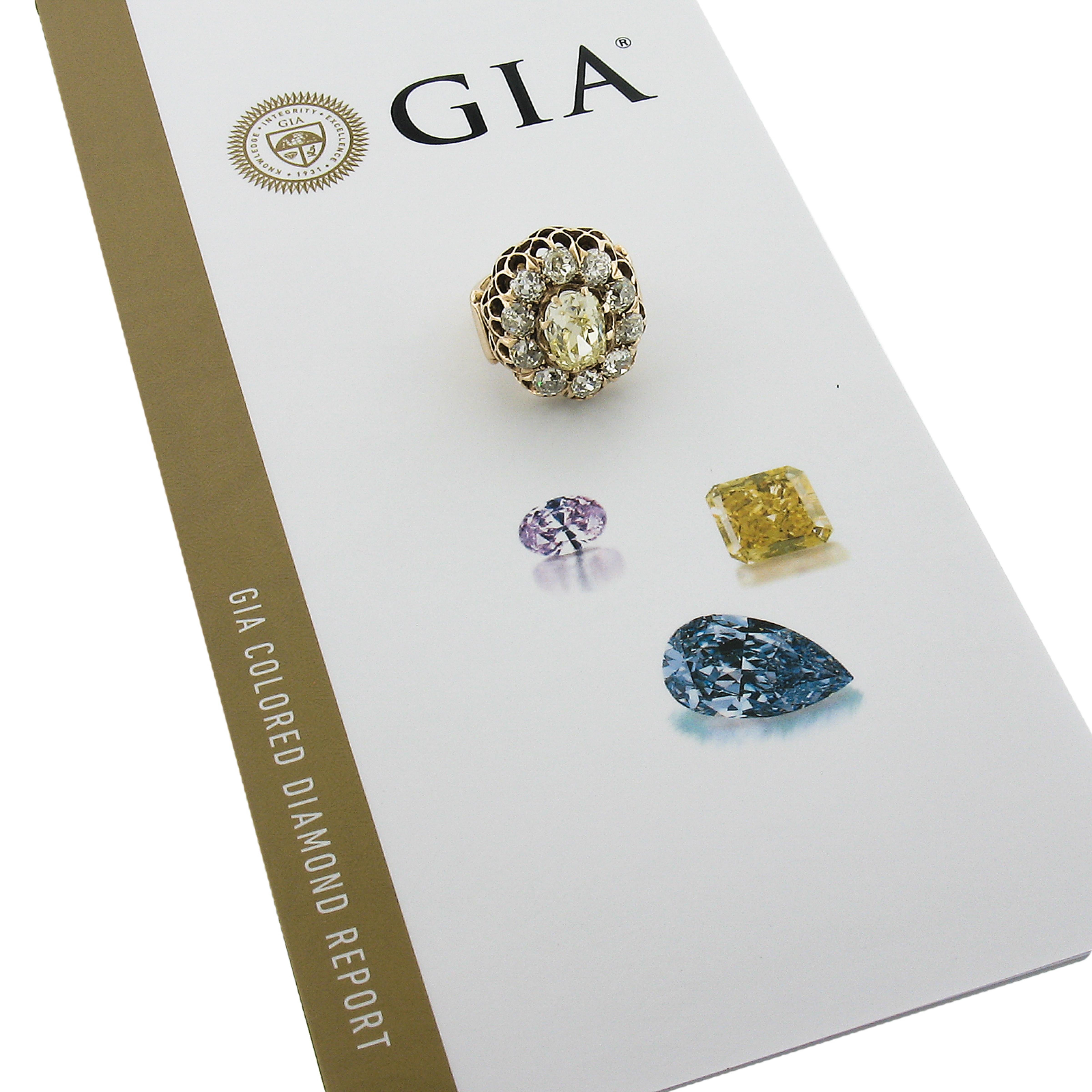 Antiker viktorianischer 14K Gold 6,49 Karat GIA Fancy Intense Gelber alter Diamant Halo-Ring im Angebot 3