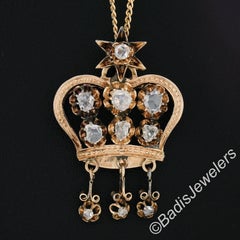 Antique Victorian 14K Gold .78ct Diamond Open Star Crown Dangle Pendant & Chain