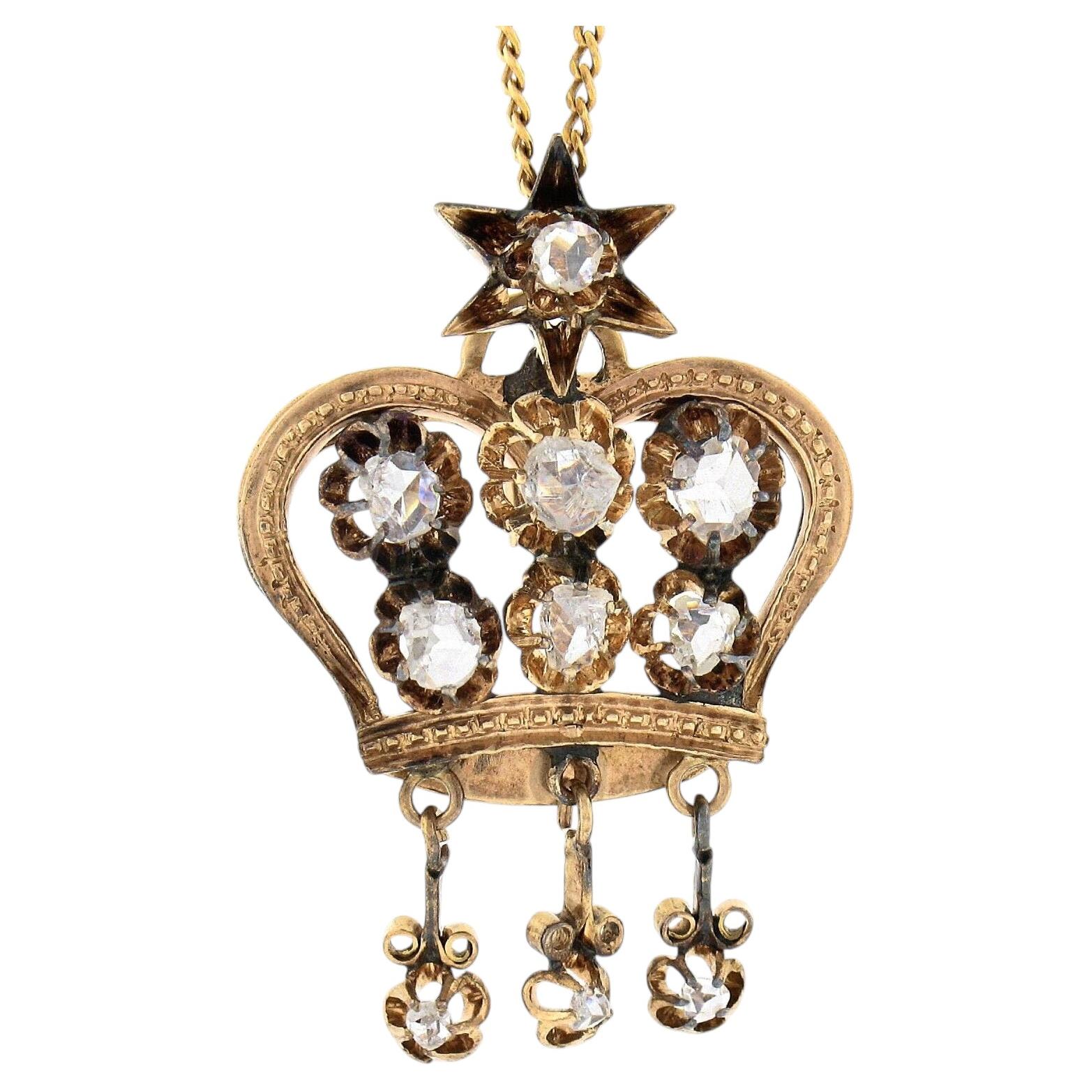 Antique Victorian 14K Gold .78ct Diamond Open Star Crown Dangle Pendant & Chain For Sale