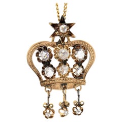 Antique Victorian 14K Gold .78ct Diamond Open Star Crown Dangle Pendant & Chain