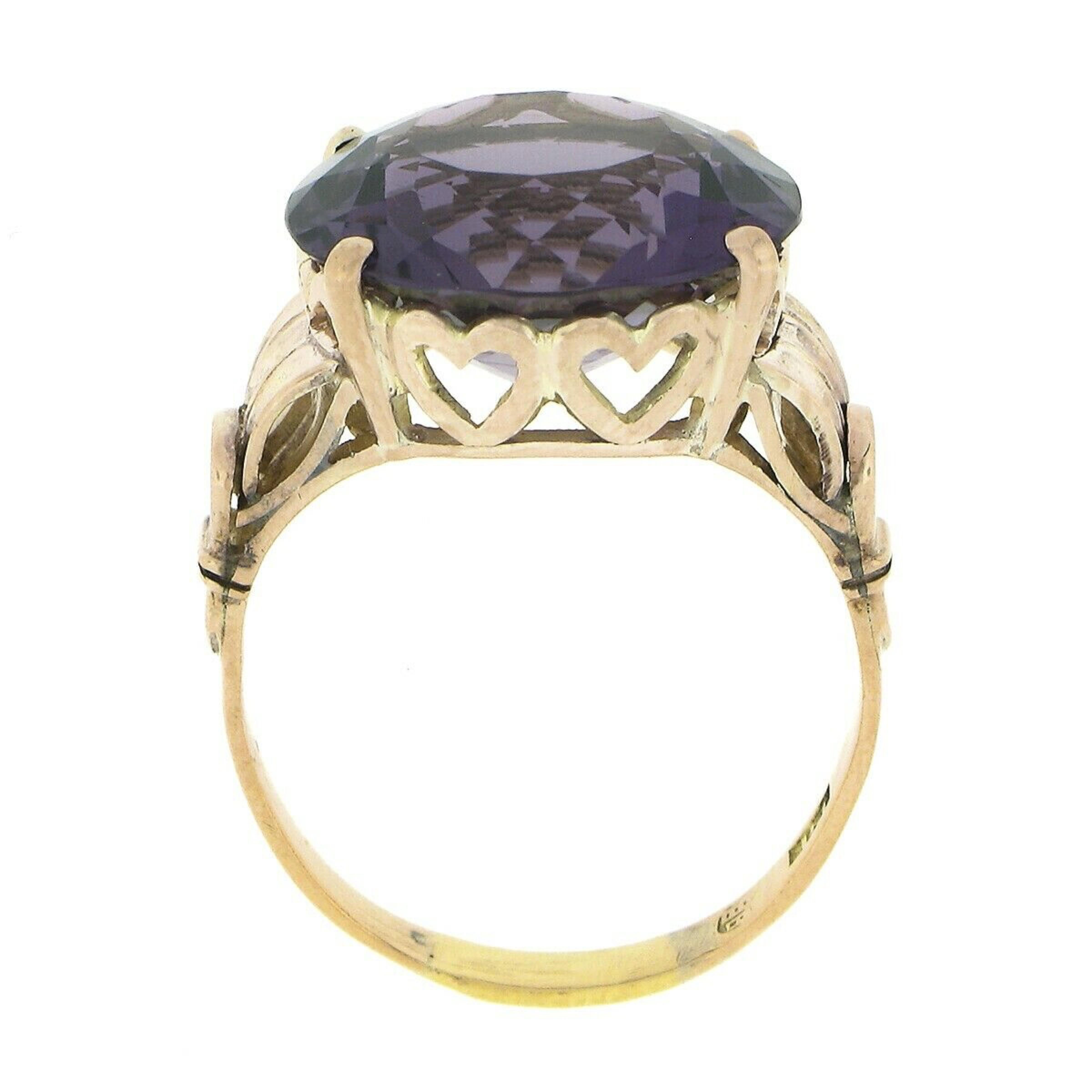 Antique Victorian 14K Gold 8.75ctw Round Purple Amethyst Solitaire Cocktail Ring For Sale 3