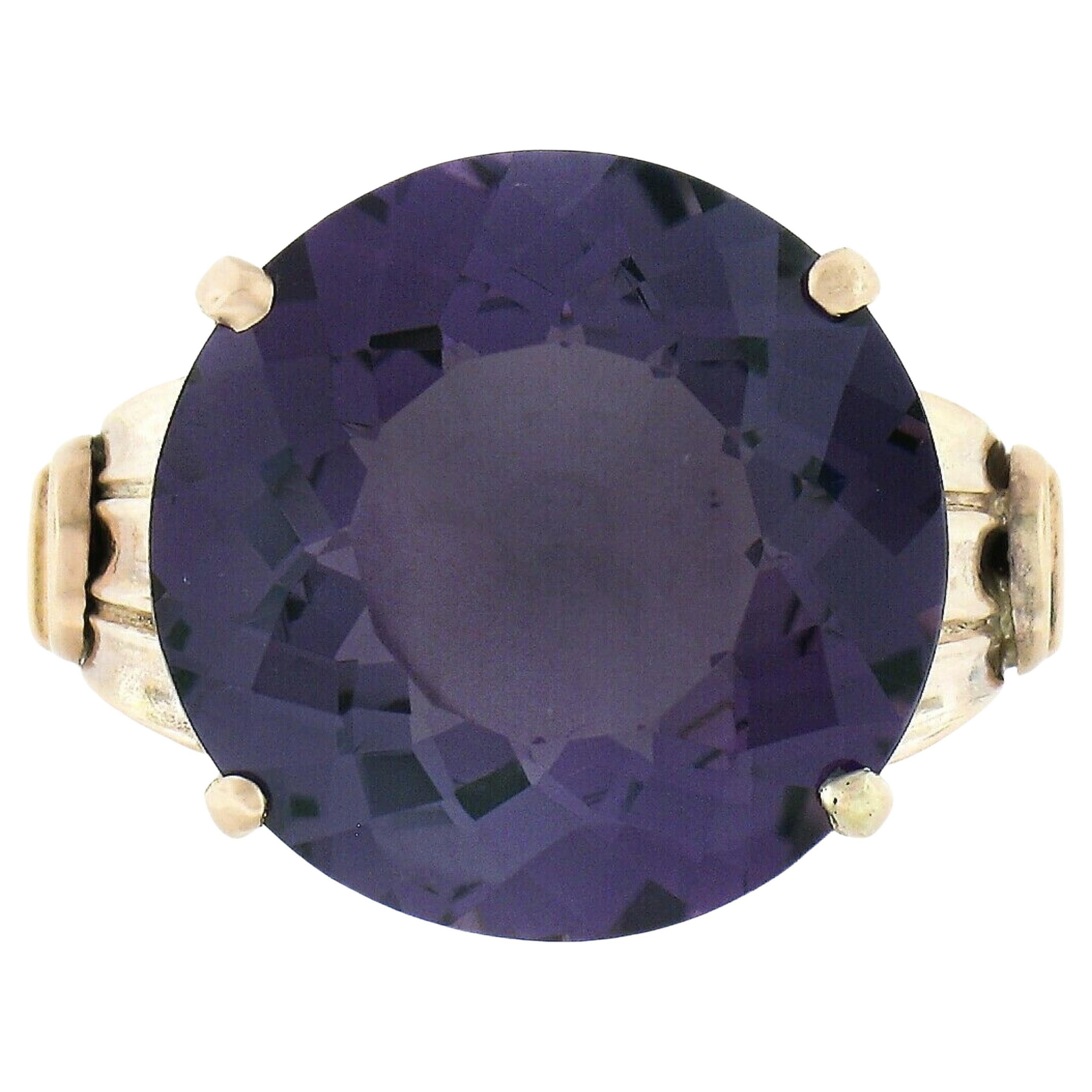 Antique Victorian 14K Gold 8.75ctw Round Purple Amethyst Solitaire Cocktail Ring For Sale