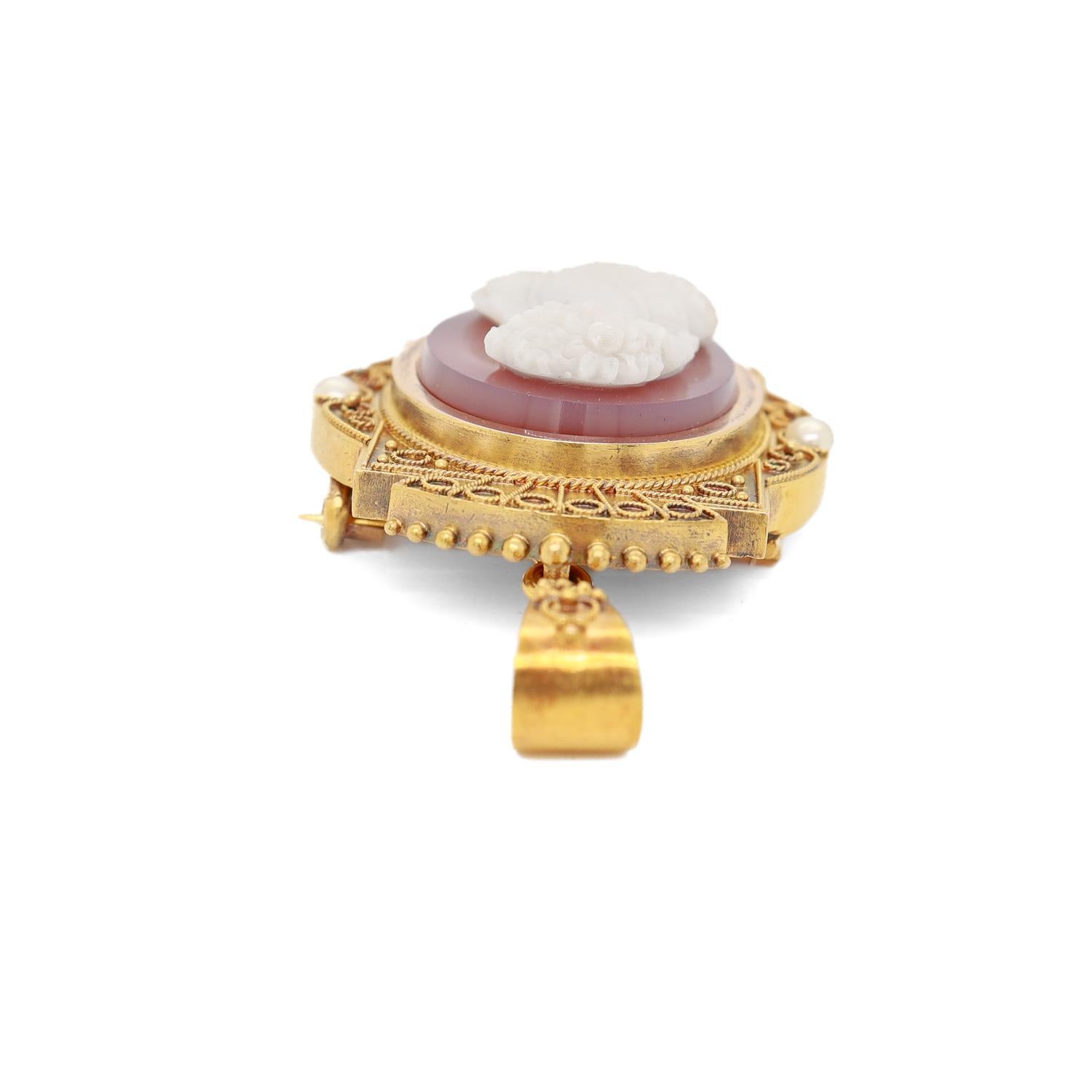 Antique Victorian 14k Gold, Agate & Pearl Cameo Brooch / Pendant of a Youth For Sale 6
