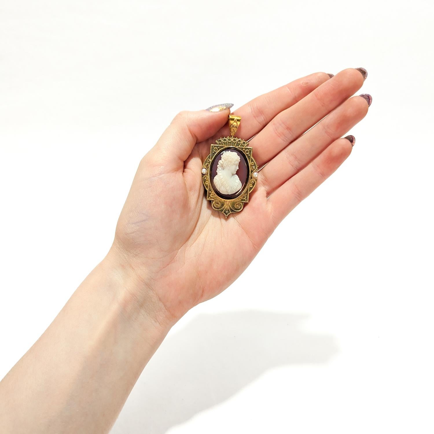 Round Cut Antique Victorian 14k Gold, Agate & Pearl Cameo Brooch / Pendant of a Youth For Sale