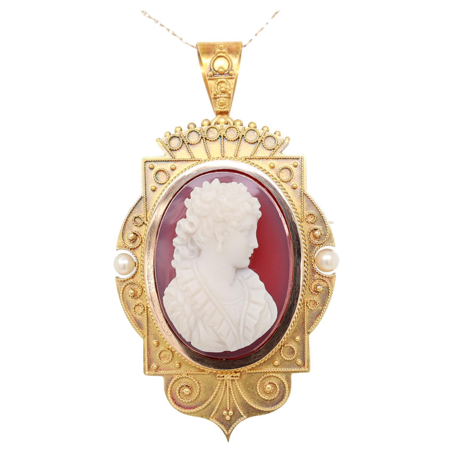 Antique Victorian 14k Gold, Agate & Pearl Cameo Brooch / Pendant of a Youth