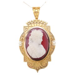 Antike viktorianische 14k Gold, Achat & Perle Kamee Brosche / Anhänger einer Jugend