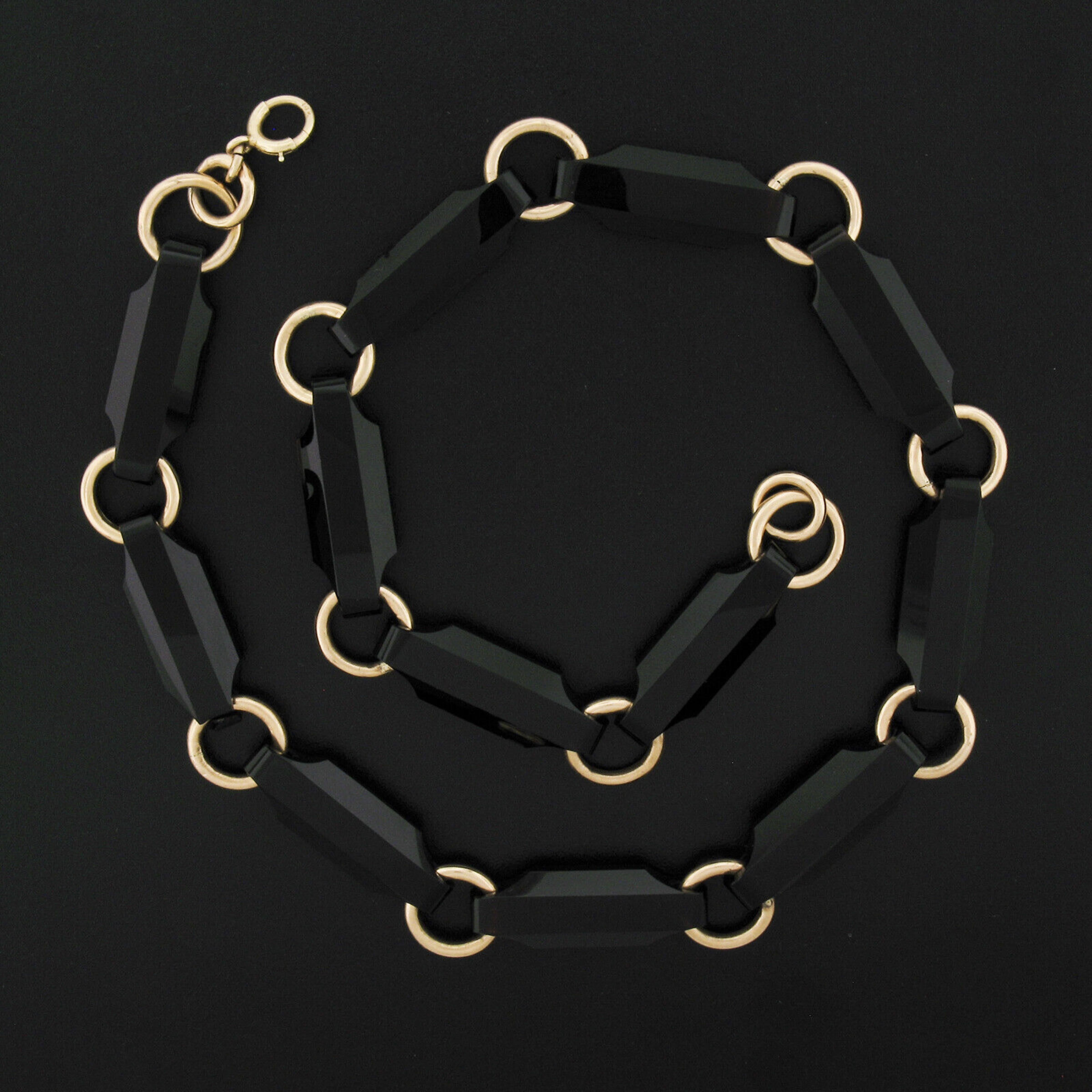Women's Antique Victorian 14K Gold Alternating Reddish Black Stone & Round Link Necklace For Sale