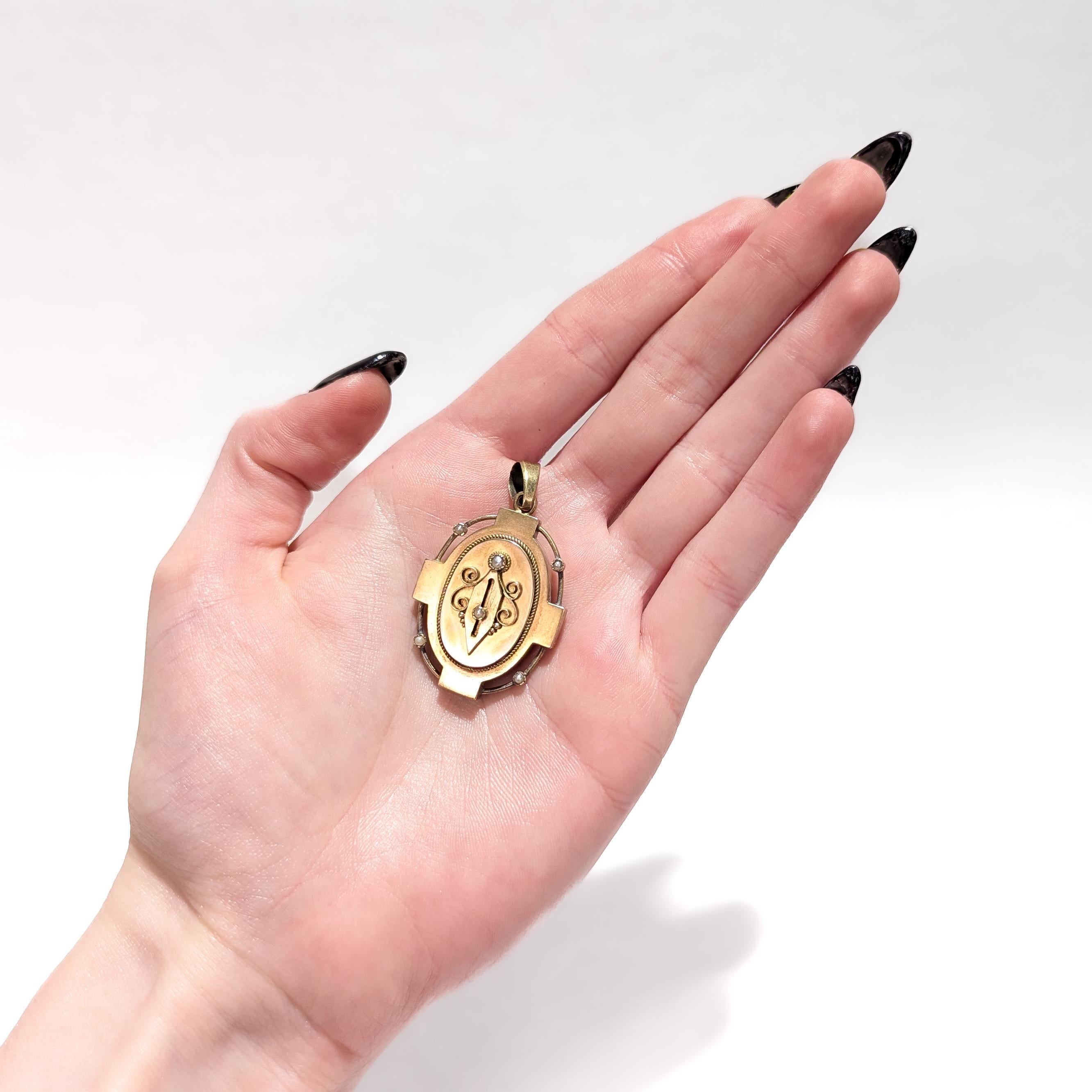 Round Cut Antique Victorian 14k Gold and Seed Pearl Pendant Locket For Sale